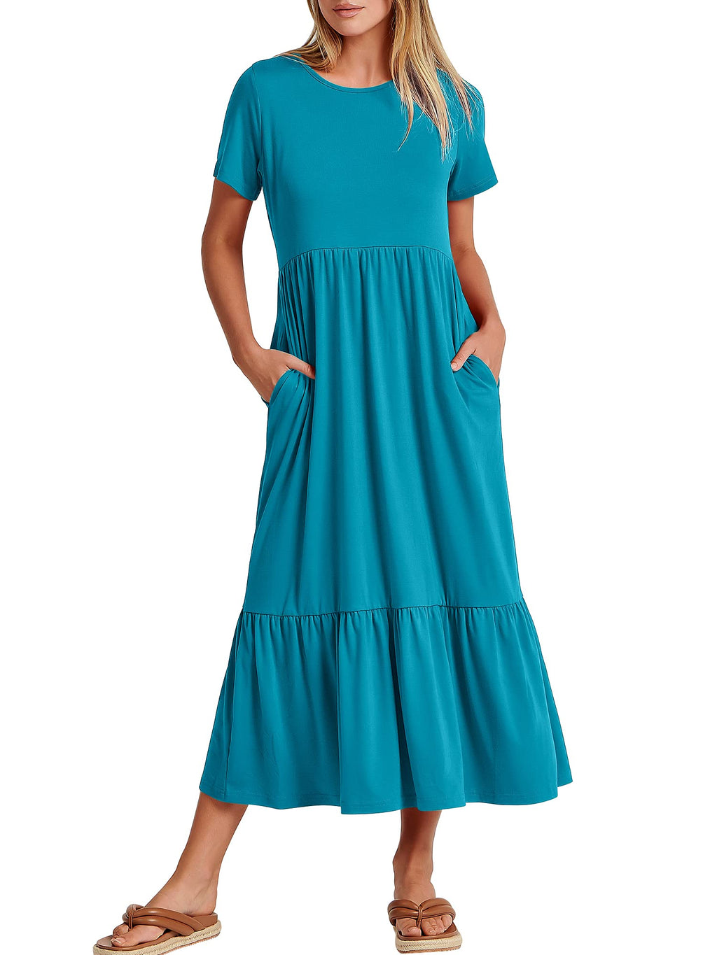 Womens 2026 Summer Casual Maxi Dress A line Tiered Flowy Short Sleeve Crewneck T Shirt Beach Travel Long Dresses