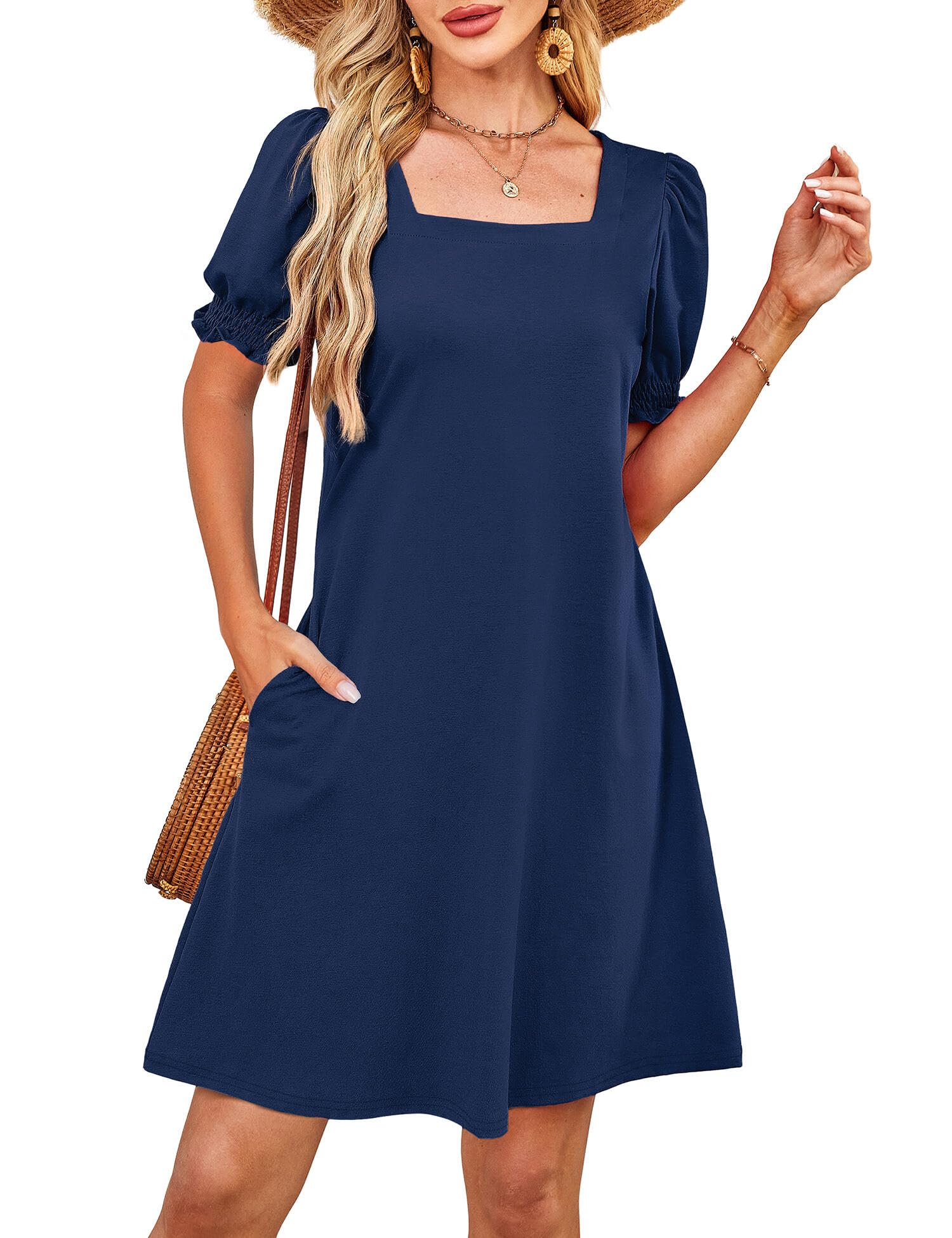 Summer Dresses for Women 2025 Casual Cute Square Neck Puff Short Sleeve Dress with Pockets
