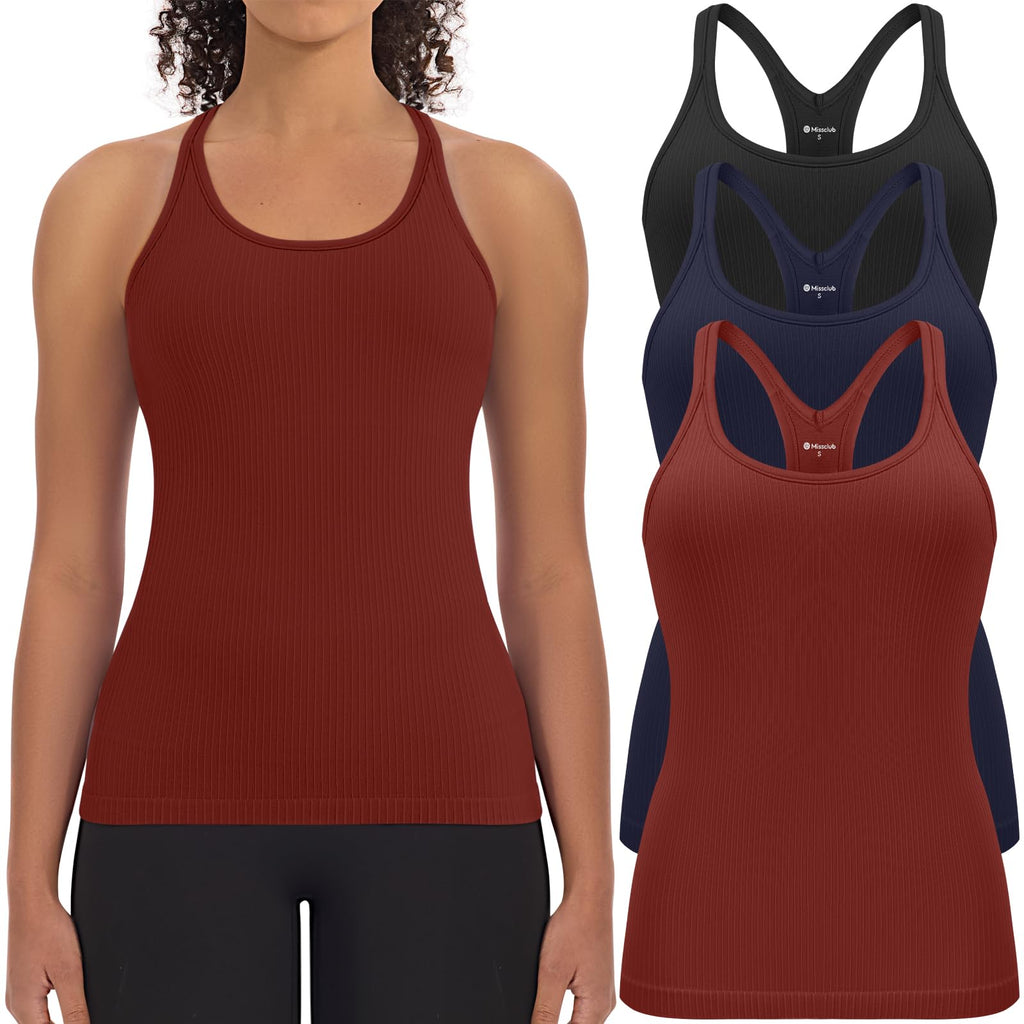 3 Pack Workout Tank Tops for Women with Built in Bra Ribbed | with Removable Pads, Seamless, Racerback, Scoop Neck, Athletic Running Gym Yoga Tops, High Stretch Fabric, Hip Length, Soft