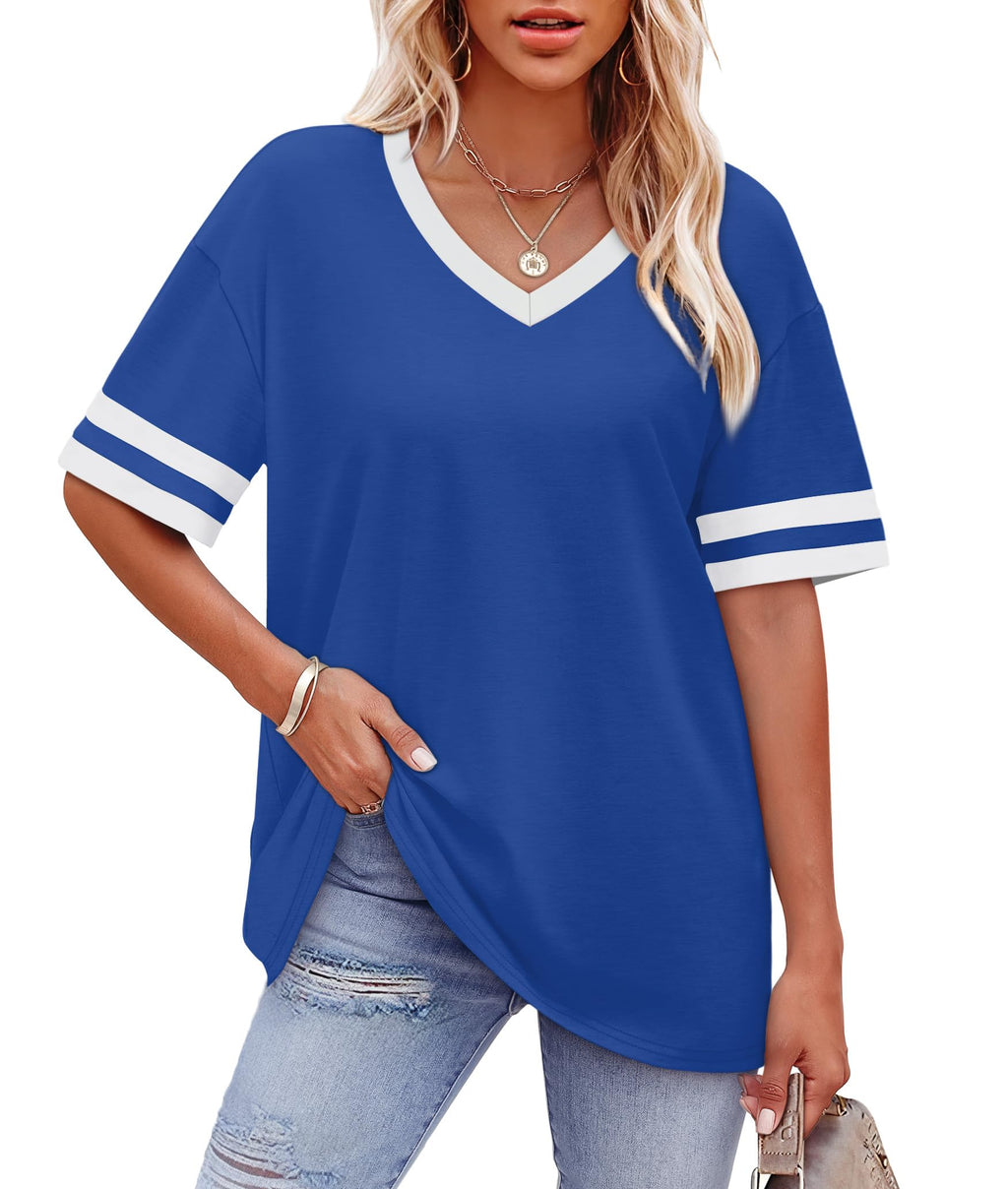 Womens T Shirts Loose Fit Short Sleeve Tees V Neck Color Block Summer Tops 2026 Fashion S-4XL