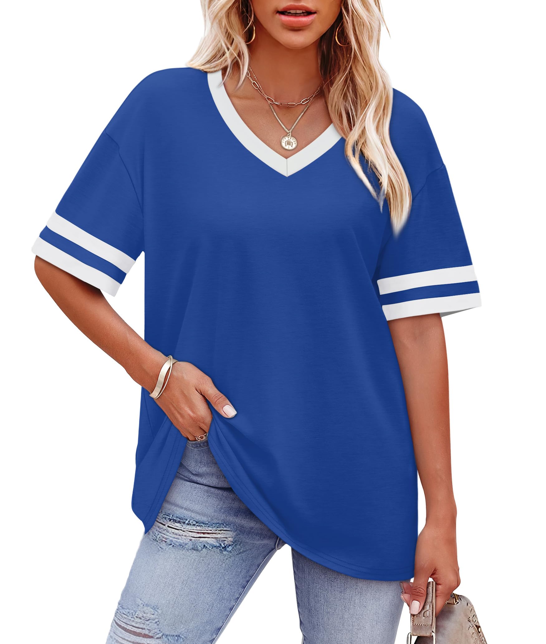Womens T Shirts Loose Fit Short Sleeve Tees V Neck Color Block Summer Tops 2026 Fashion S-4XL