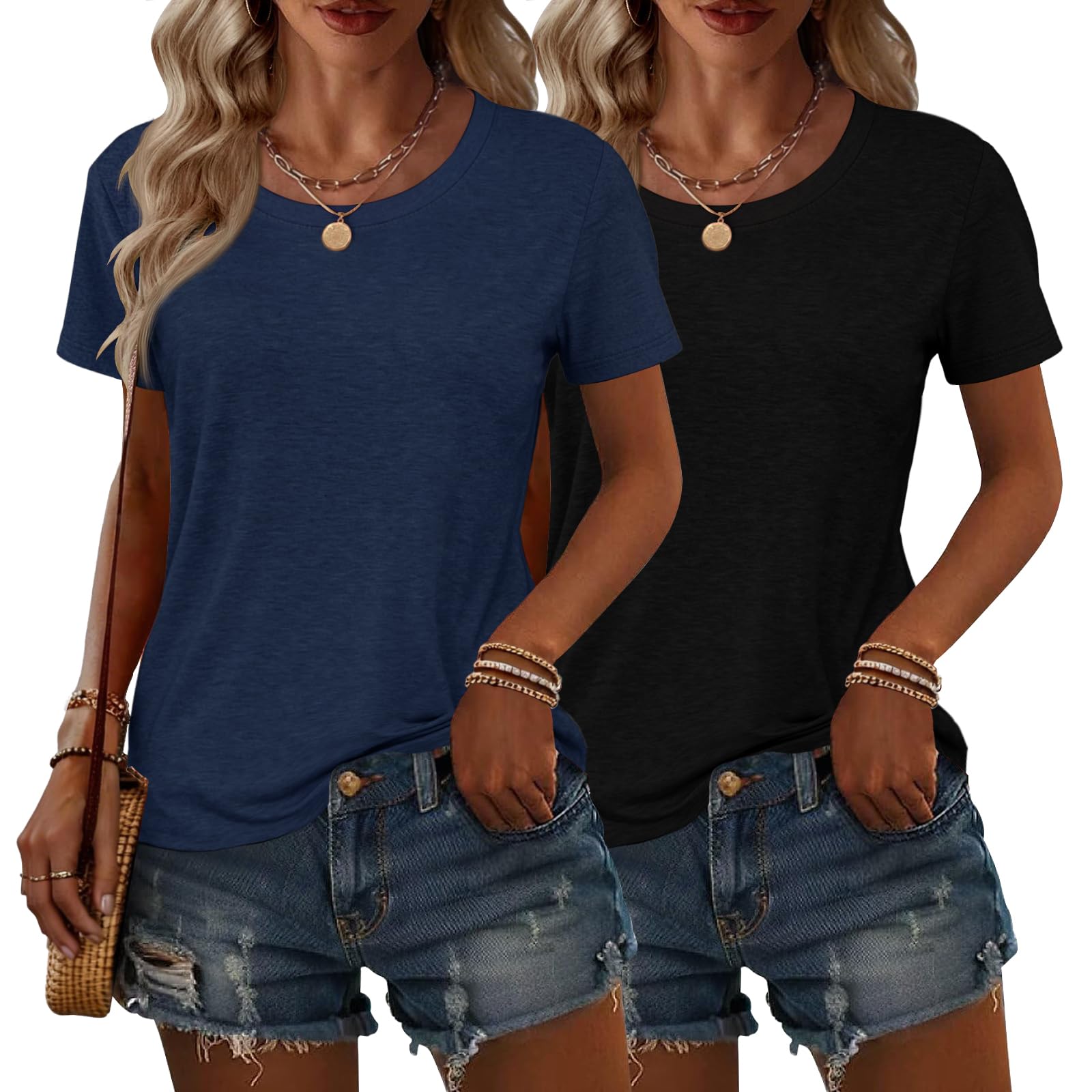 2PCS Women Short Sleeve T Shirts Crew Neck Solid Soft Basic Tee Casual Loose Fit Lightweight Summer Tops Clothes 2026