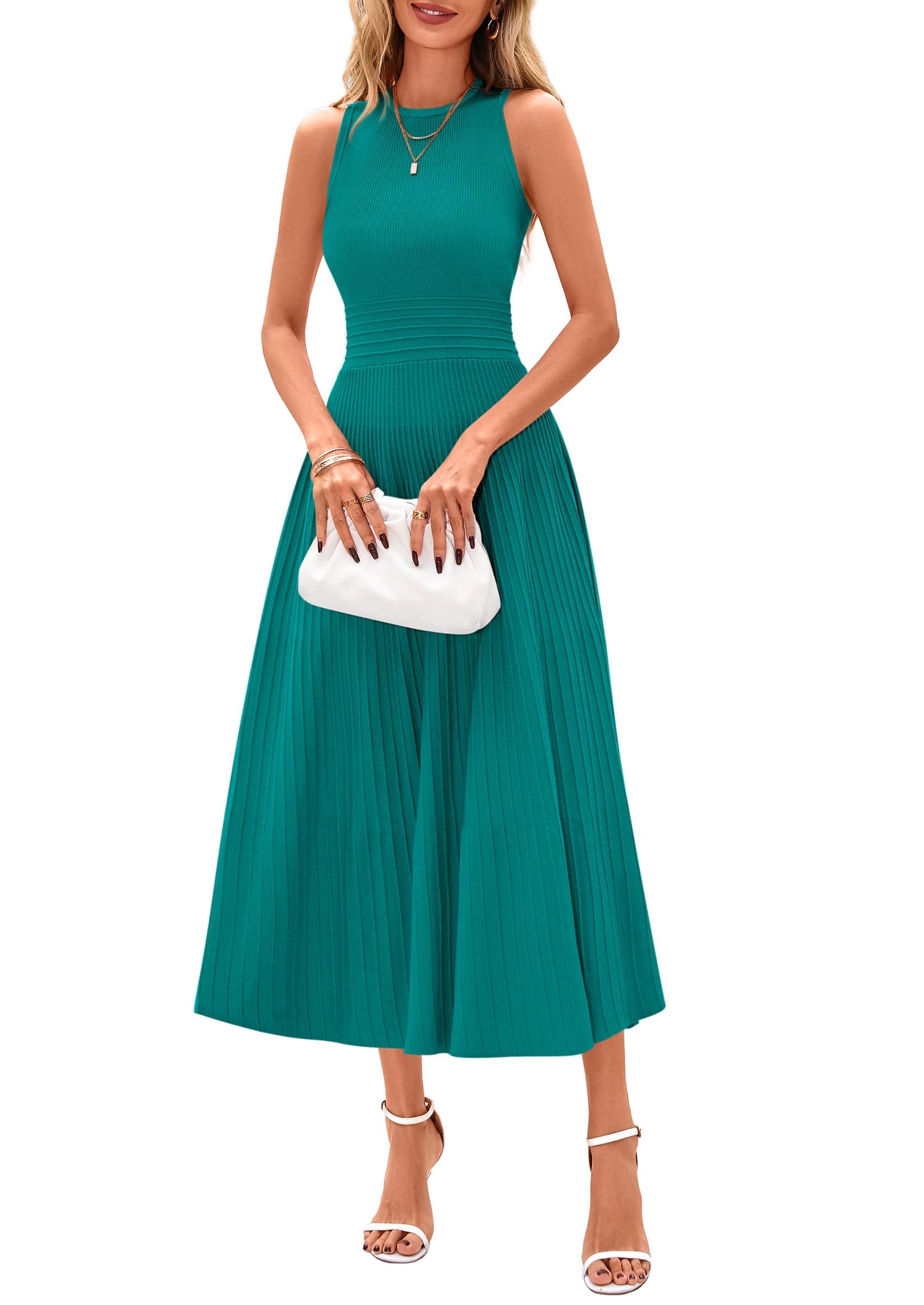 Women's Summer Pleated Midi Work Dress | Sleeveless A Line Knit Business Dresses, Spring Semi Formal Long Dress for Wedding Guest, Cocktail Party, Teacher Outfits