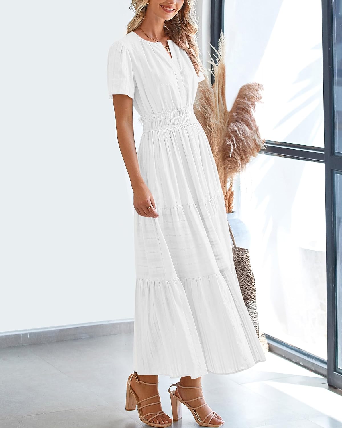 Womens Summer 2026 Casual Maxi Dresses | Lightweight Short Sleeve V Neck,Elastic Waist A Line Long Dress,Boho Beach Dress Pockets,Vacation Outfits,Fashion Clothing