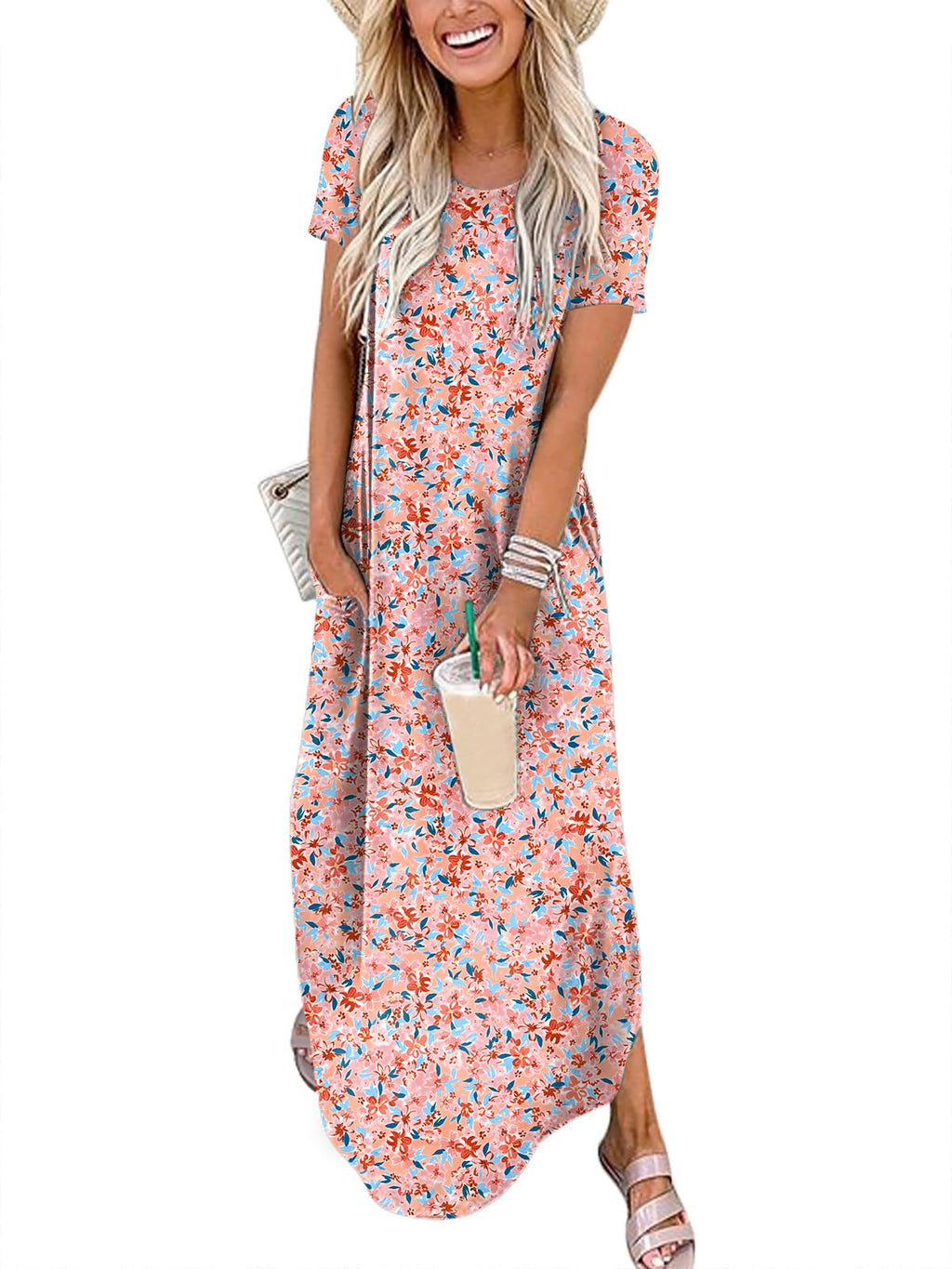 Womens Summer Maxi Dress Short Sleeve Casual Loose Long T Shirt Dresses Split Vacation Beach Sundress Travel Outfits