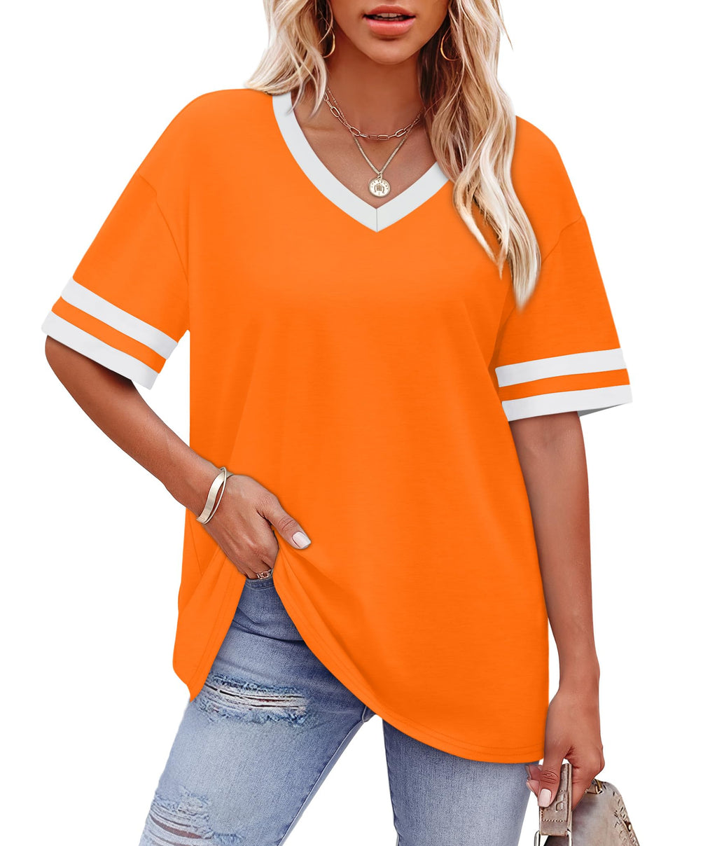 Womens T Shirts Loose Fit Short Sleeve Tees V Neck Color Block Summer Tops 2026 Fashion S-4XL