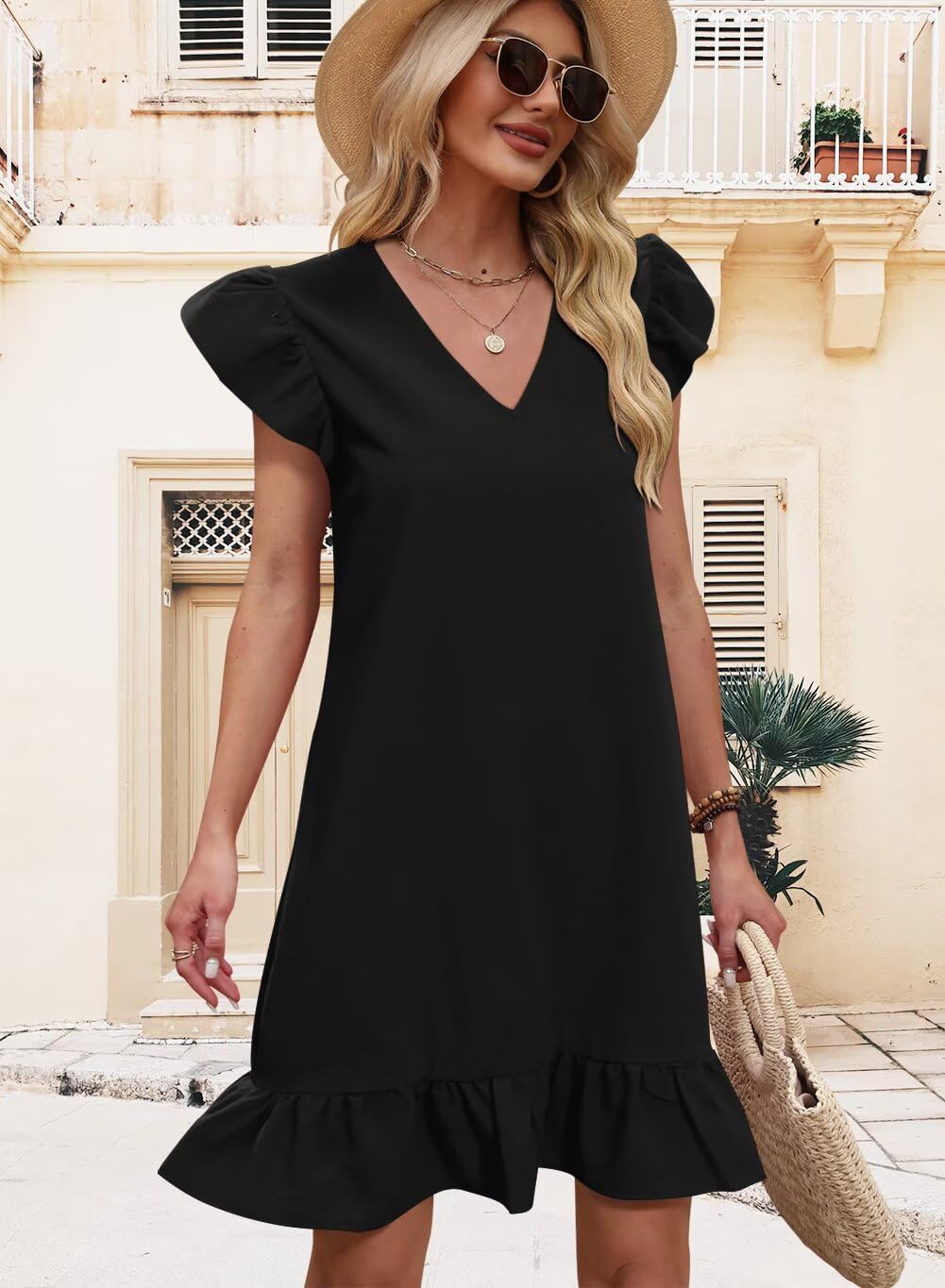 Summer Dresses for Women 2026 Beach Vacation Mini Sundress | Flutter Ruffle Cap Sleeves, V Neck, Ruffle Hem Shift Dress, Casual Loose Fit, Spring Wedding Guest Outfits