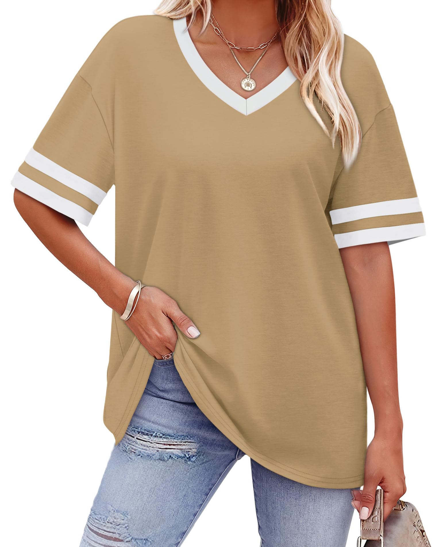 Womens T Shirts Loose Fit Short Sleeve Tees V Neck Color Block Summer Tops 2026 Fashion S-4XL