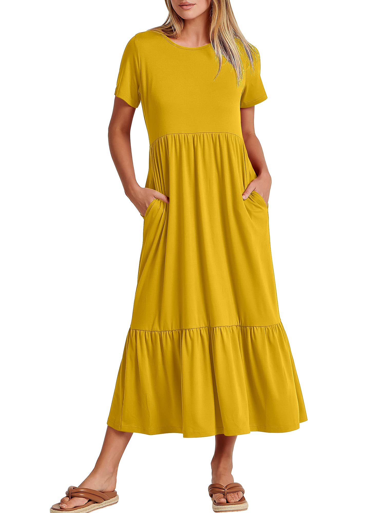 Womens 2026 Summer Casual Maxi Dress A line Tiered Flowy Short Sleeve Crewneck T Shirt Beach Travel Long Dresses
