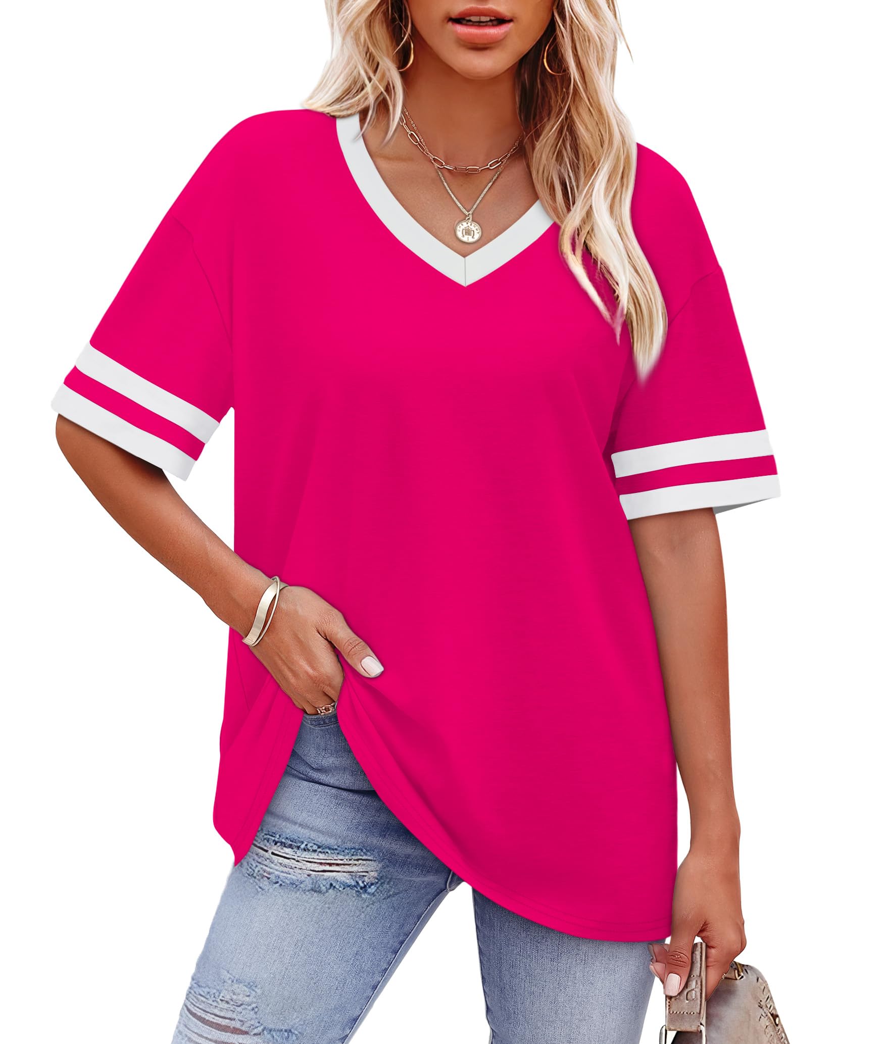 Womens T Shirts Loose Fit Short Sleeve Tees V Neck Color Block Summer Tops 2026 Fashion S-4XL