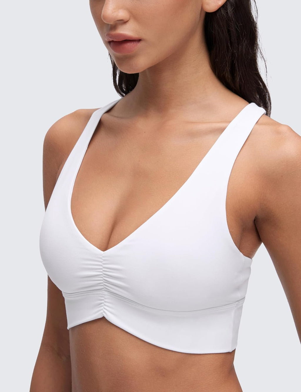 YOGA Ruched V Neck Sports Bra | Light Support, Removable Pads, Yoga, Extremely Soft, Cross Back, Wide Straps, for Women