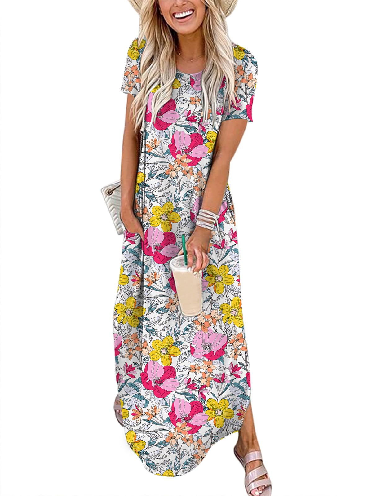 Womens Summer Maxi Dress Short Sleeve Casual Loose Long T Shirt Dresses Split Vacation Beach Sundress Travel Outfits