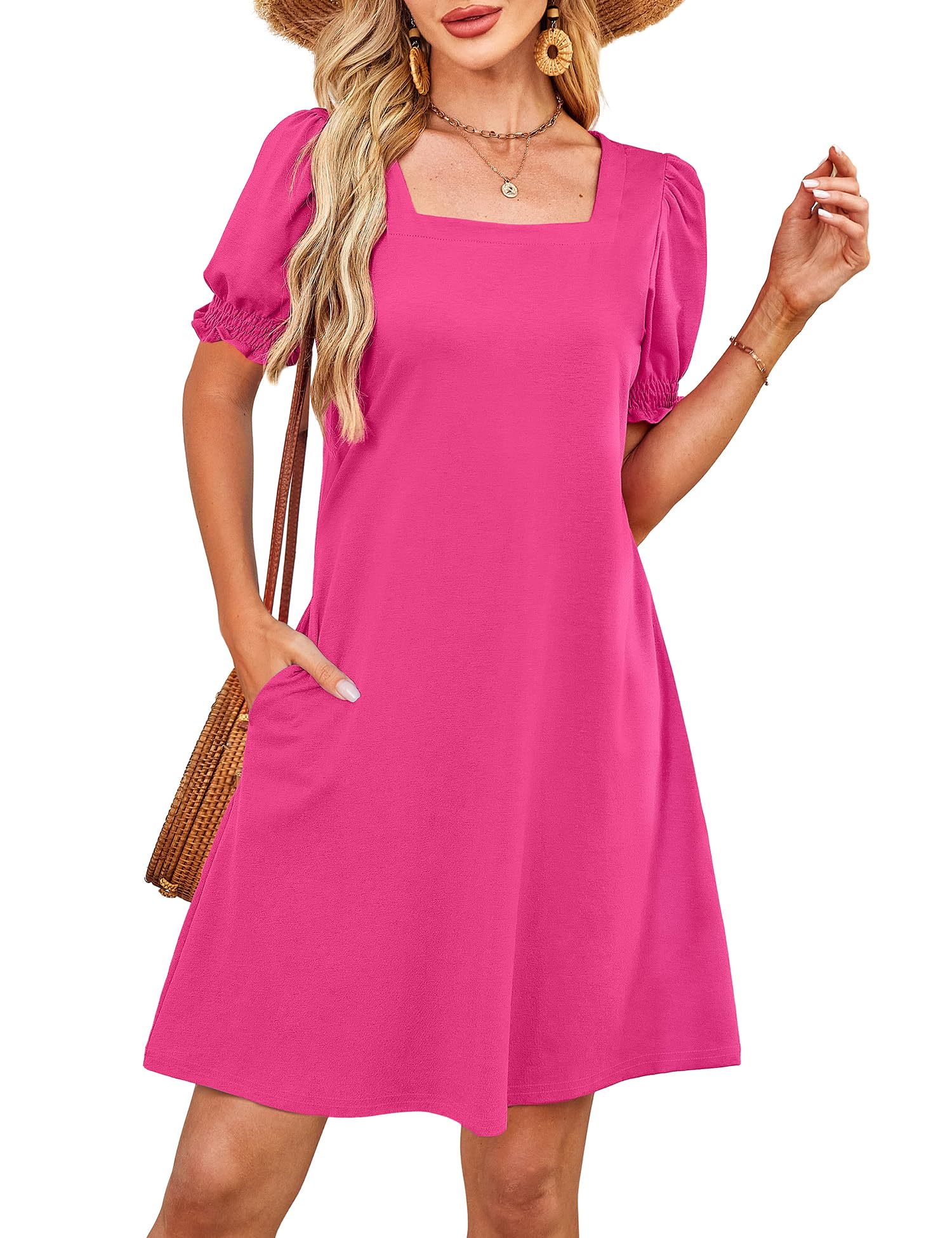 Summer Dresses for Women 2025 Casual Cute Square Neck Puff Short Sleeve Dress with Pockets