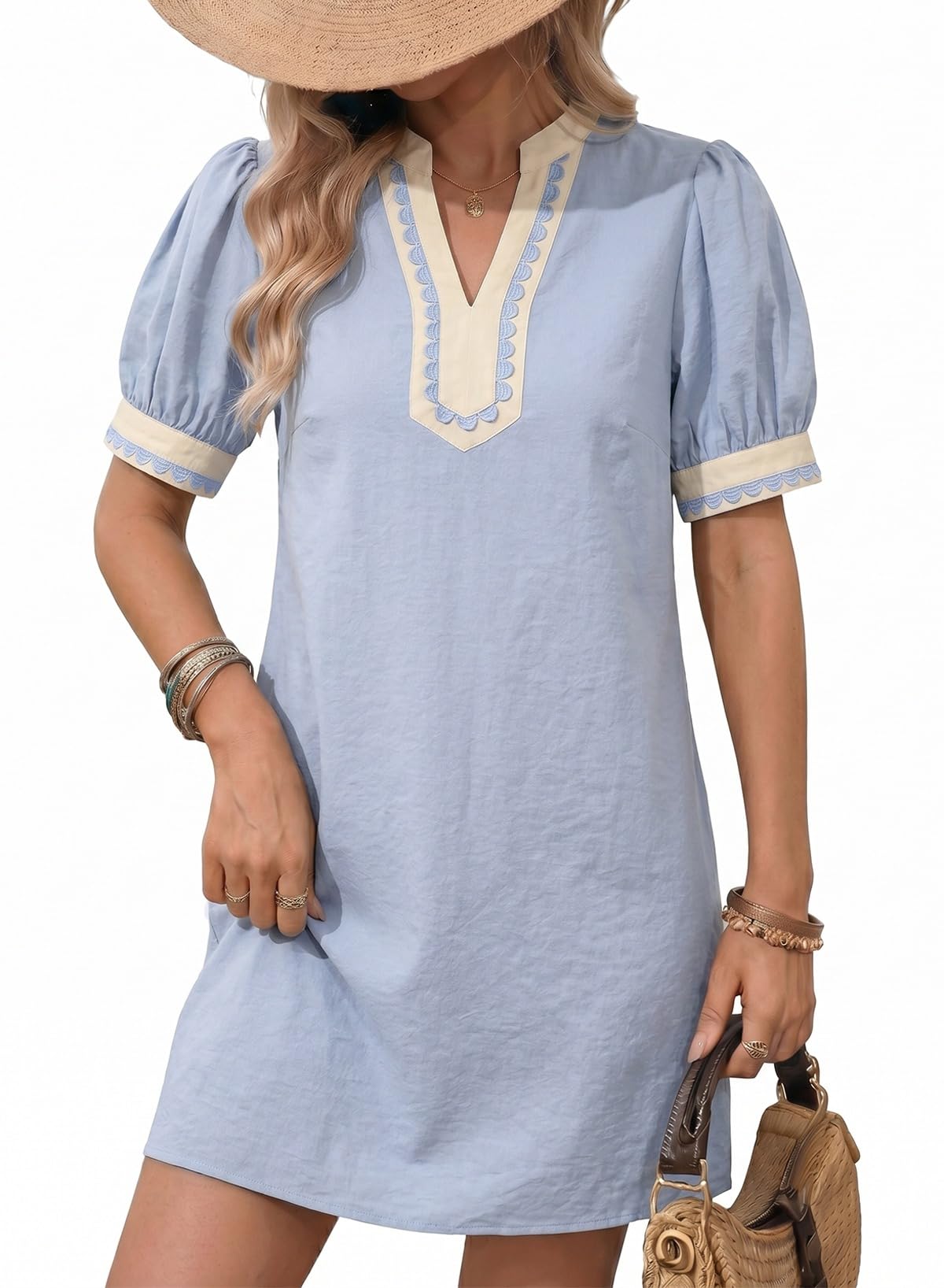 Summer Dresses for Women 2026 Boho Floral Puff Short Sleeve V Neck Trim Casual Mini Dress Sundress