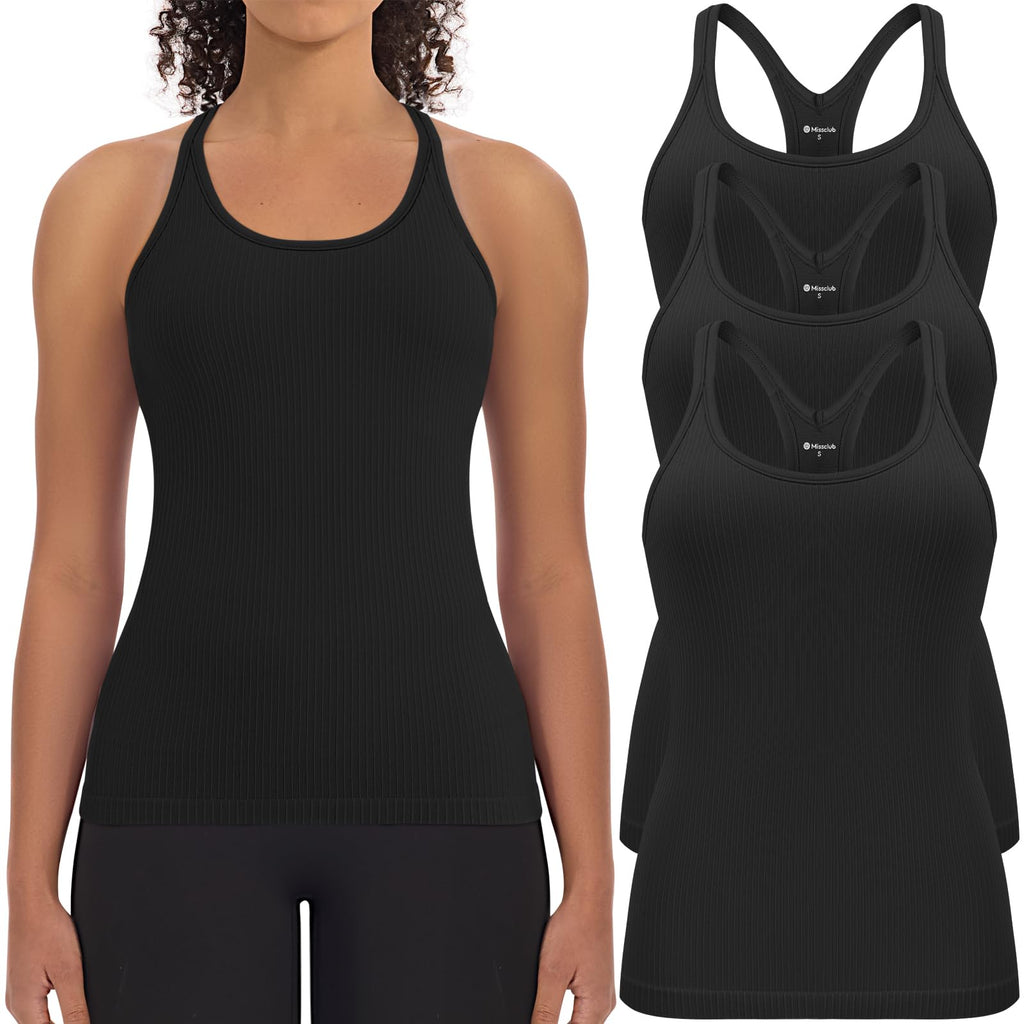 3 Pack Workout Tank Tops for Women with Built in Bra Ribbed | with Removable Pads, Seamless, Racerback, Scoop Neck, Athletic Running Gym Yoga Tops, High Stretch Fabric, Hip Length, Soft