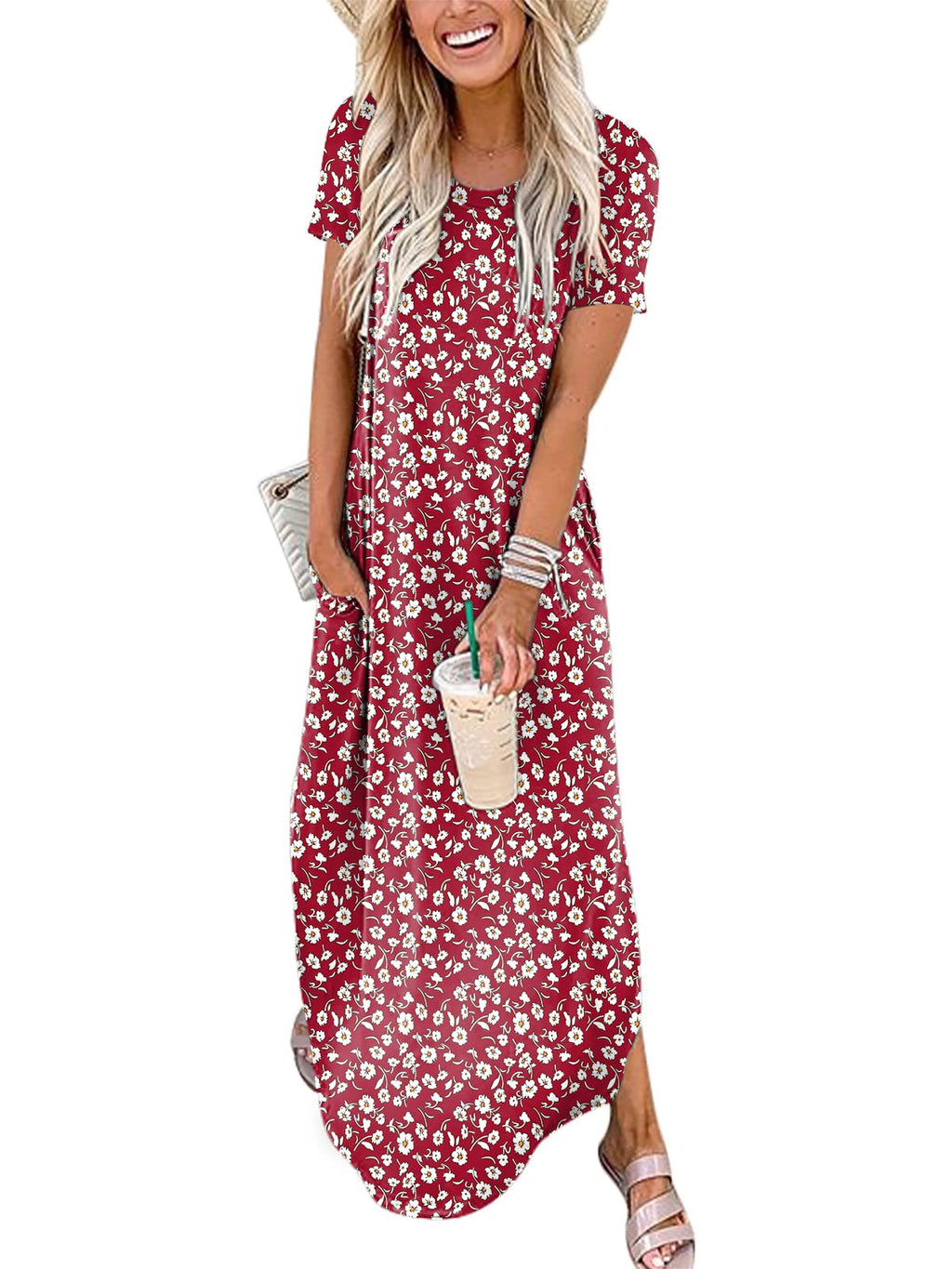 Womens Summer Maxi Dress Short Sleeve Casual Loose Long T Shirt Dresses Split Vacation Beach Sundress Travel Outfits