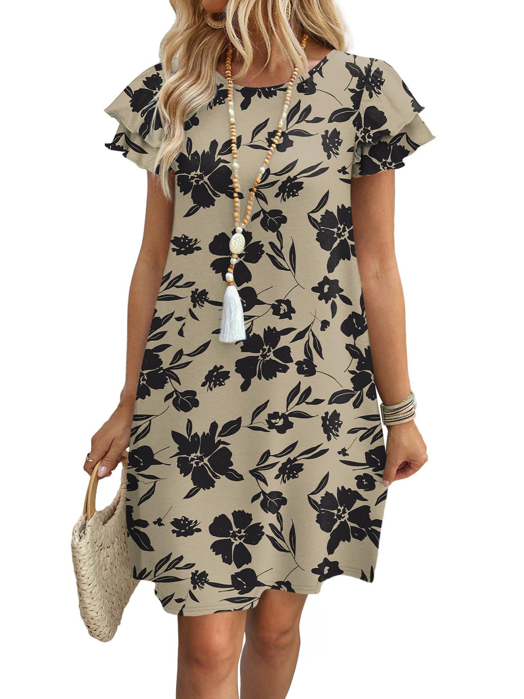 Womens Summer Dresses 2026 Ruffle Sleeve Round Neck Loose Swing Sundresses with Pockets Plain/Print