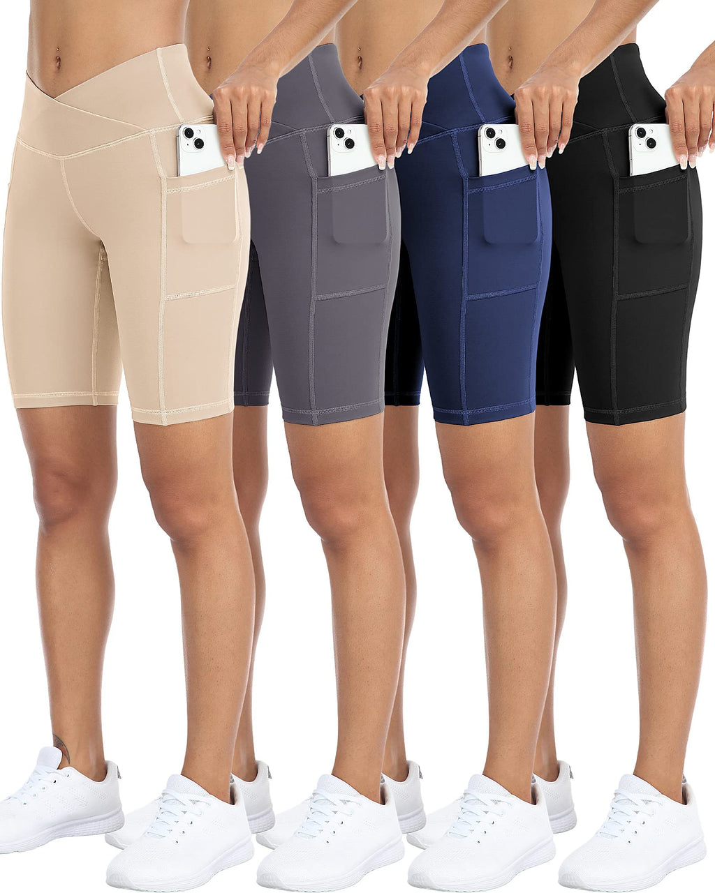 4 Pack Biker Yoga Shorts with Pockets for Women,High Waisted Athletic Running Workout Gym Shorts Tummy Control