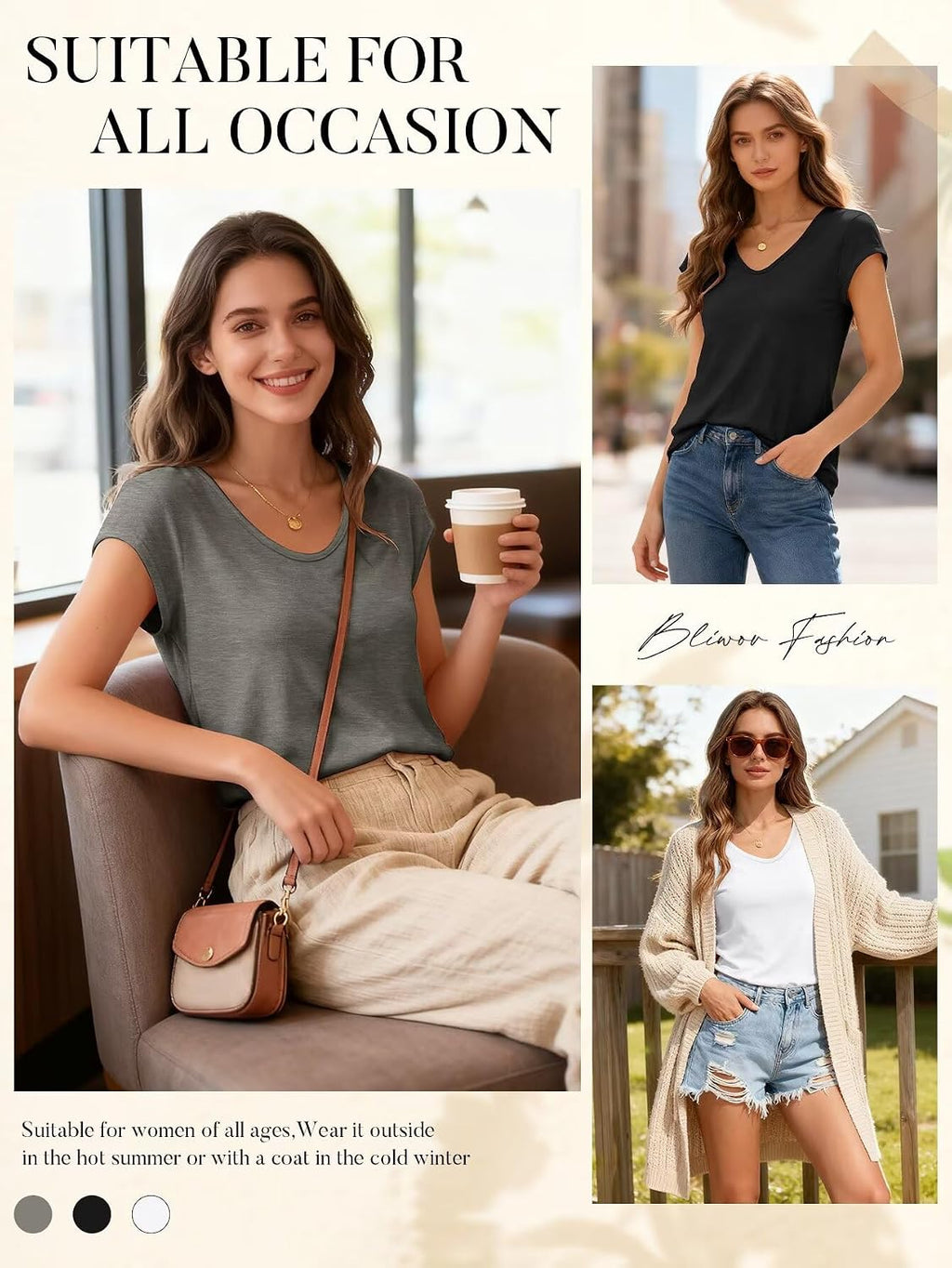Bliwov 3 Pack Womens Cap Sleeve Summer Tops V Neck T Shirts Basic Tees | Loose Casual Tops, School Teacher Outfits, Workout Clothes, Cute Blouses, Ladies Trendy Fashion Clothing for Beach Vacation
