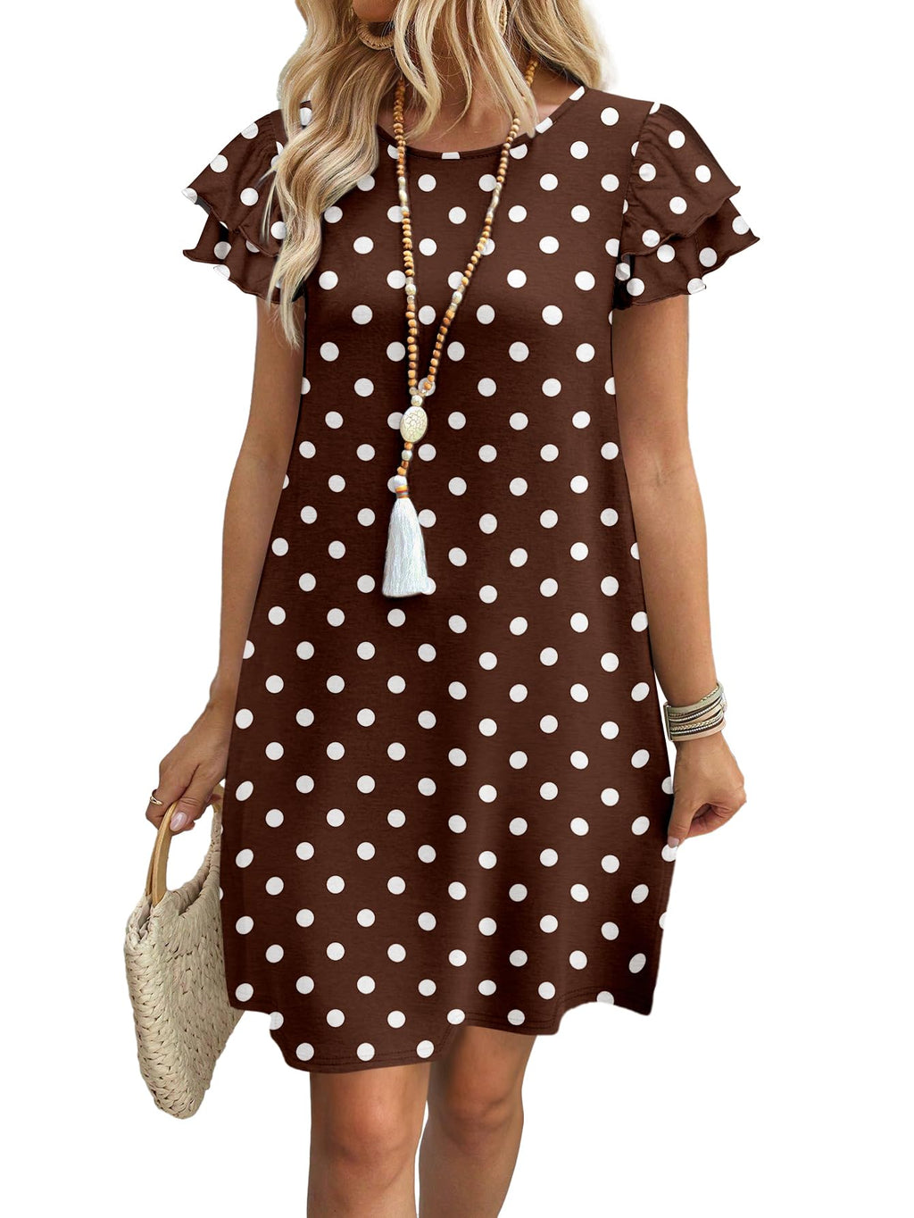 Womens Summer Dresses 2026 Ruffle Sleeve Round Neck Loose Swing Sundresses with Pockets Plain/Print