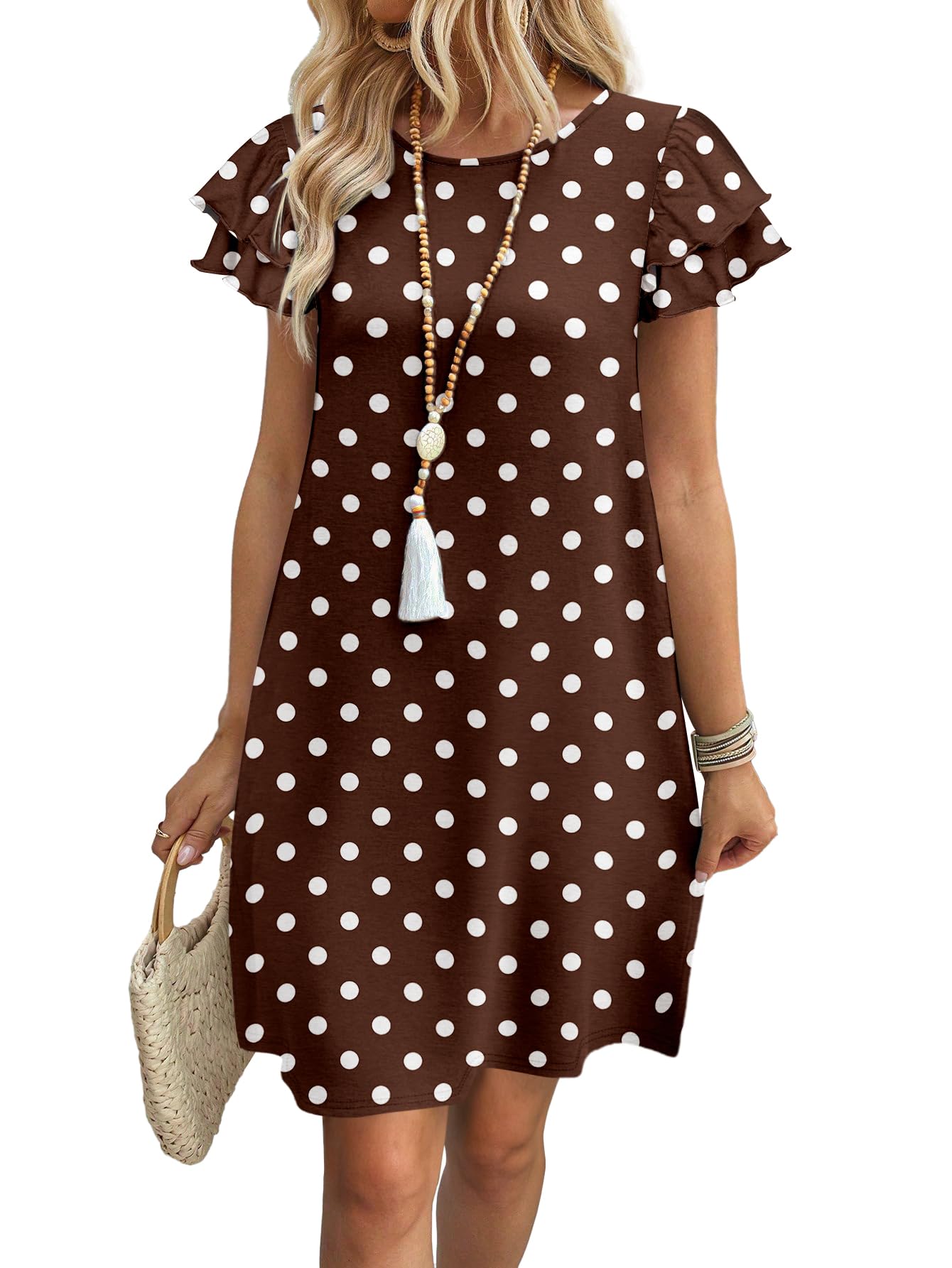 Womens Summer Dresses 2026 Ruffle Sleeve Round Neck Loose Swing Sundresses with Pockets Plain/Print