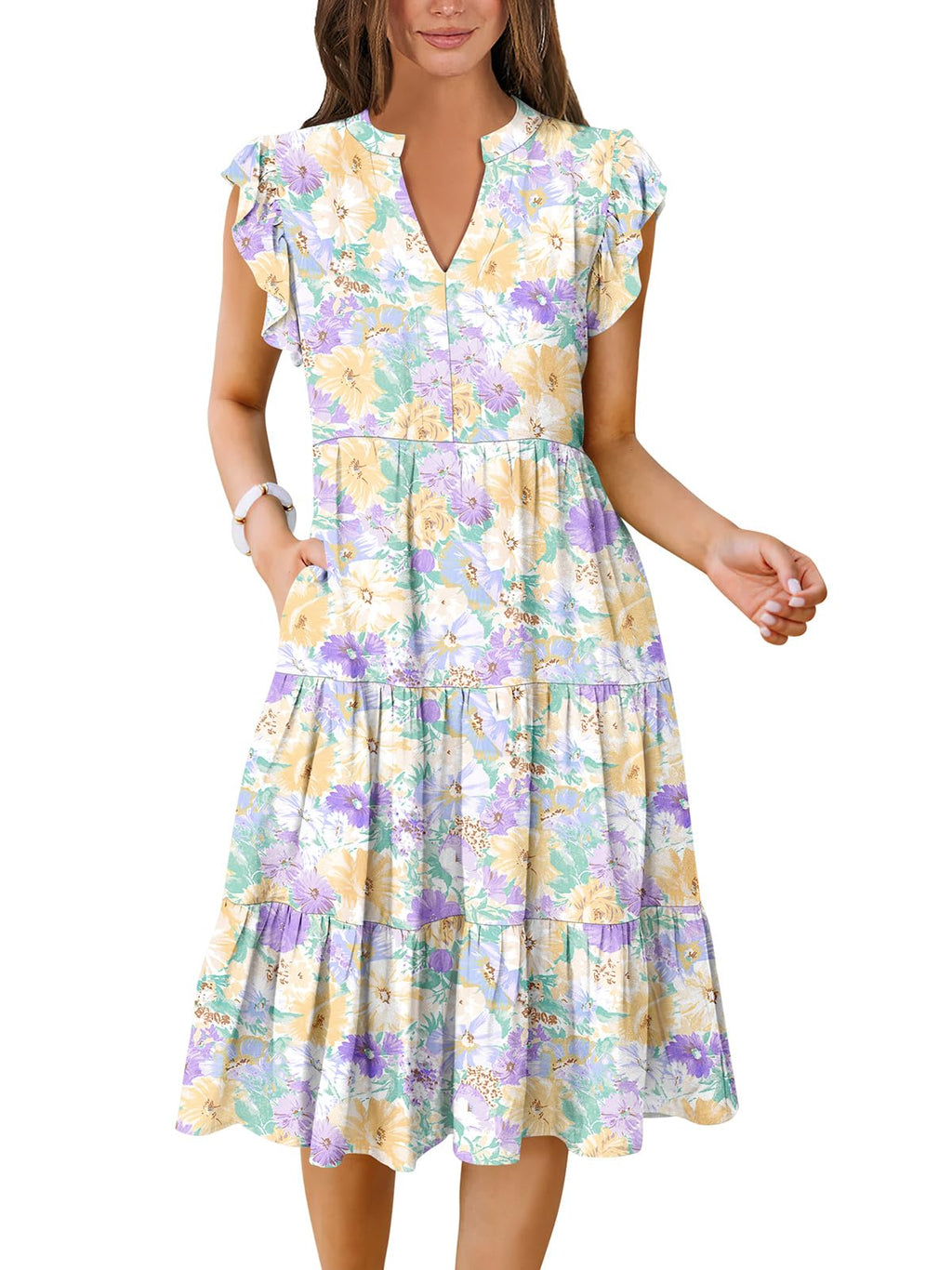 Womens Summer Dress Ruffle Sleeve V Neck Midi Dresses Fashion Casual Fit Flowy Tiered Boho Beach Vacation Sundress
