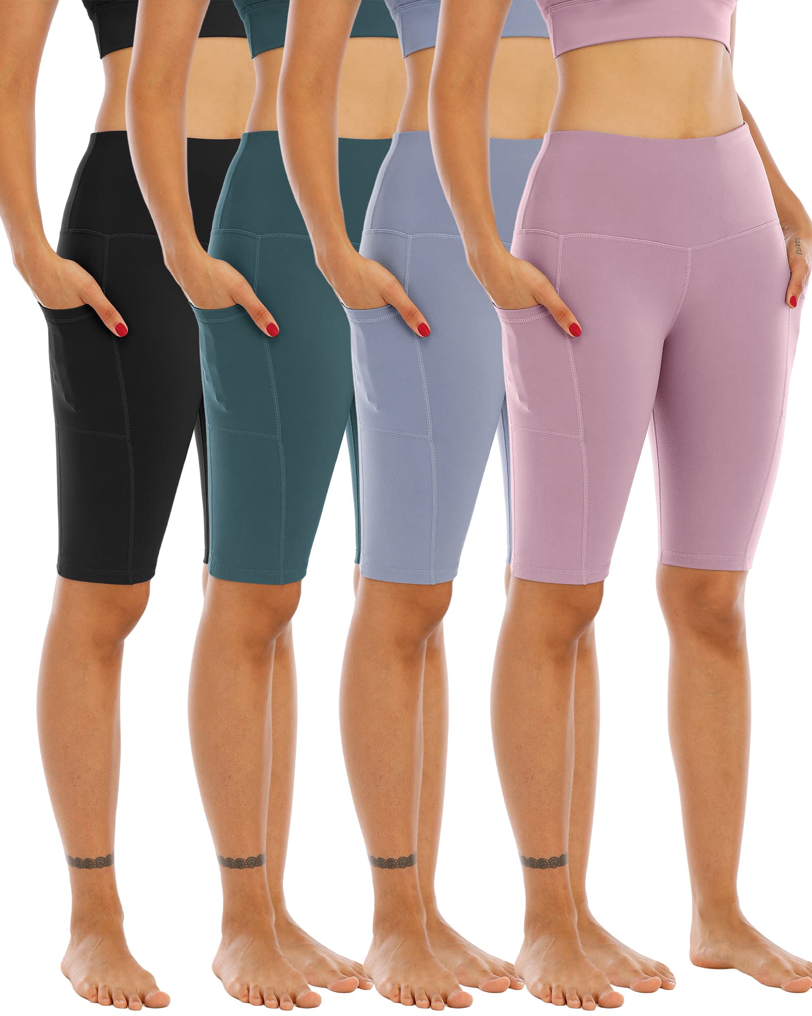 4 Pack Biker Yoga Shorts with Pockets for Women,High Waisted Athletic Running Workout Gym Shorts Tummy Control