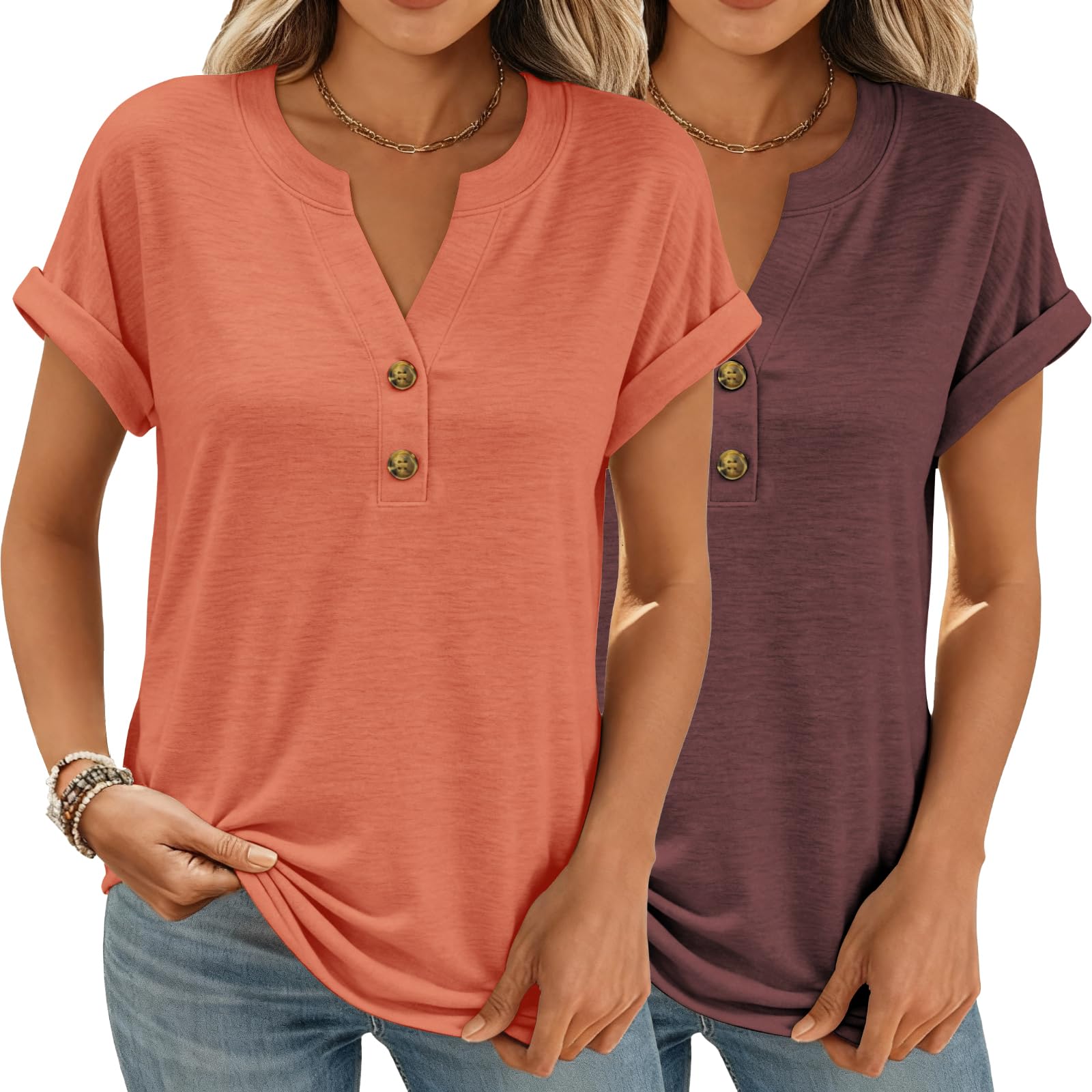 Women Tops Shorts Sleeve Shirts V Neck Henley Tops Trendy Casual T Shirts | Soft Breathable Loose Blouses Tees Outfits Clothes for Spring, Summer, Beach, Vacation, Workout