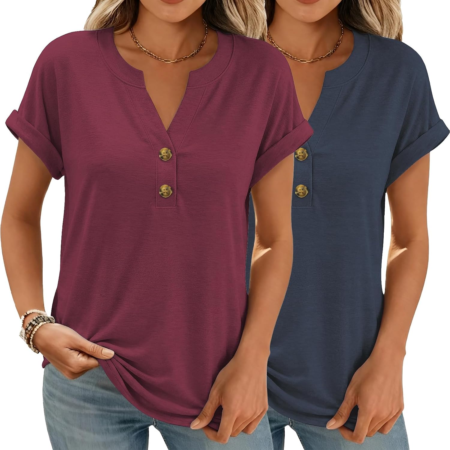 Women Tops Shorts Sleeve Shirts V Neck Henley Tops Trendy Casual T Shirts | Soft Breathable Loose Blouses Tees Outfits Clothes for Spring, Summer, Beach, Vacation, Workout