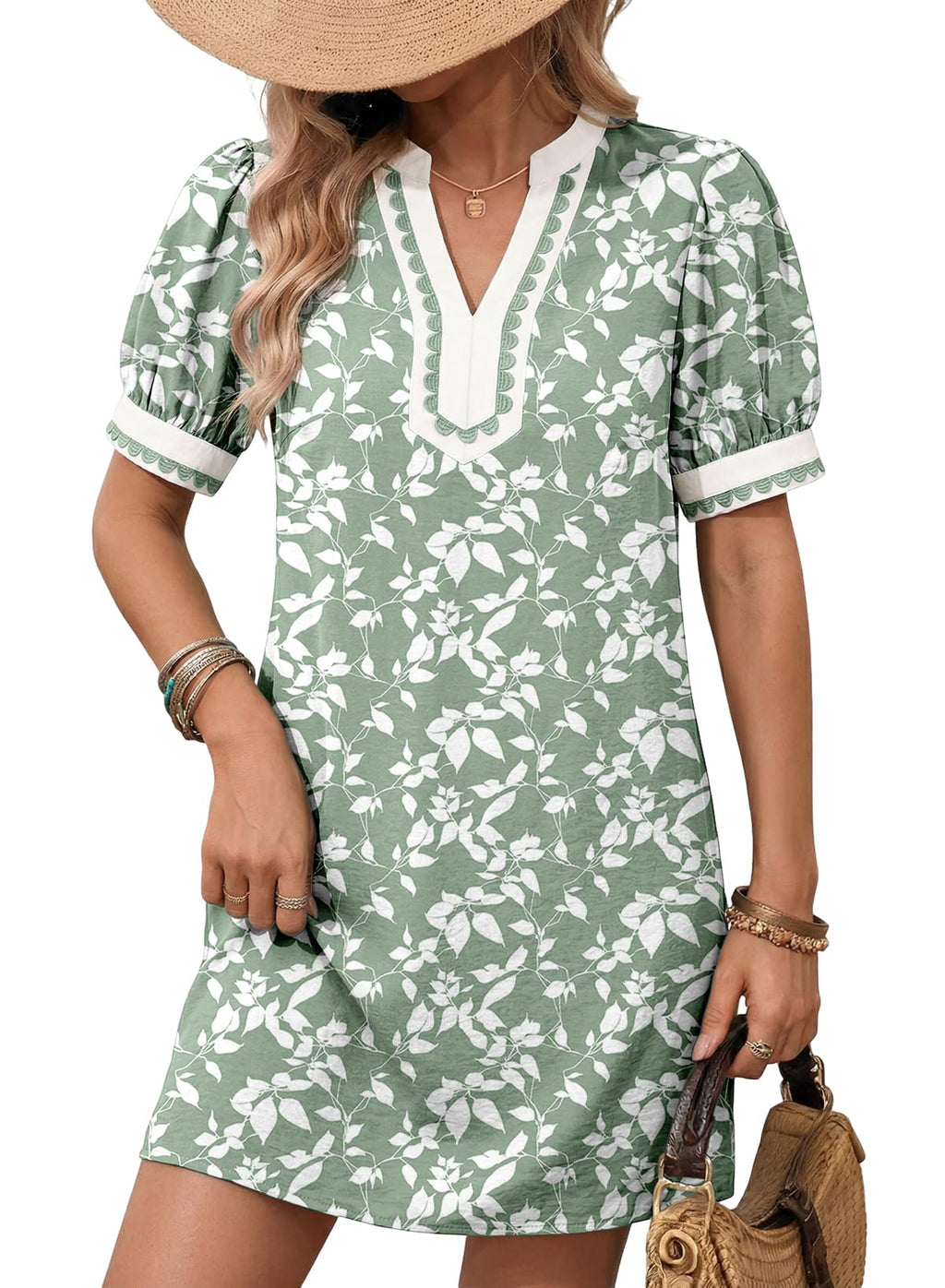 Summer Dresses for Women 2026 Boho Floral Puff Short Sleeve V Neck Trim Casual Mini Dress Sundress