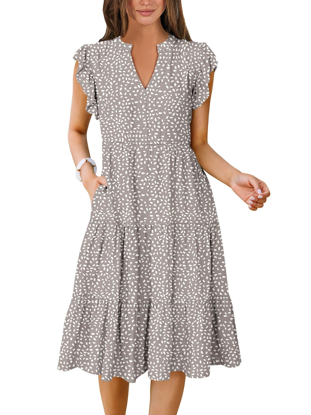 Womens Summer Dress Ruffle Sleeve V Neck Midi Dresses Fashion Casual Fit Flowy Tiered Boho Beach Vacation Sundress