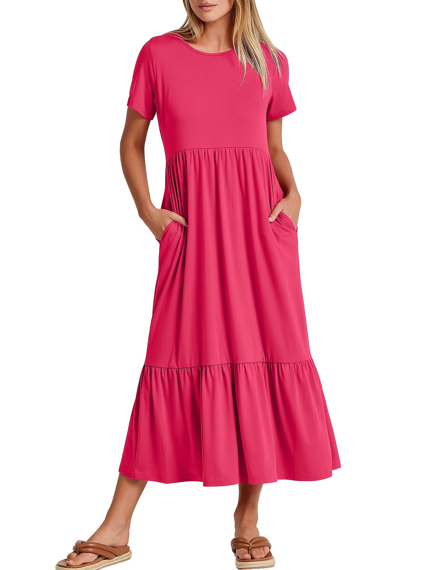 Womens 2026 Summer Casual Maxi Dress A line Tiered Flowy Short Sleeve Crewneck T Shirt Beach Travel Long Dresses