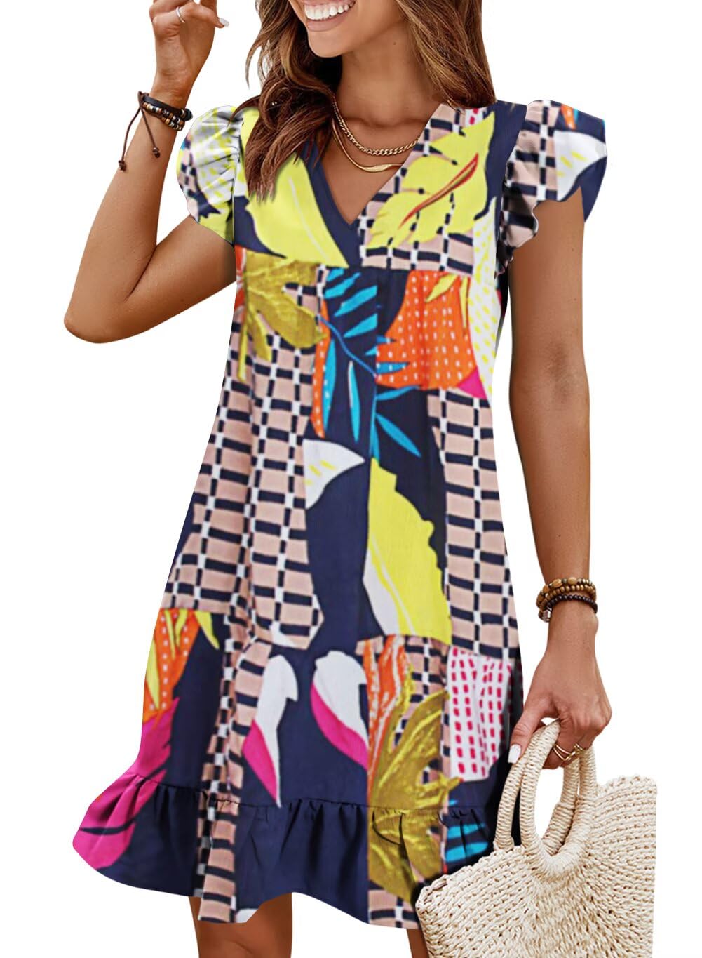 Summer Dresses for Women 2026 Beach Vacation Mini Sundress | Flutter Ruffle Cap Sleeves, V Neck, Ruffle Hem Shift Dress, Casual Loose Fit, Spring Wedding Guest Outfits