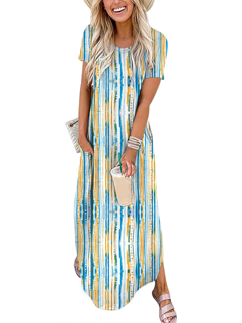 Womens Summer Maxi Dress Short Sleeve Casual Loose Long T Shirt Dresses Split Vacation Beach Sundress Travel Outfits
