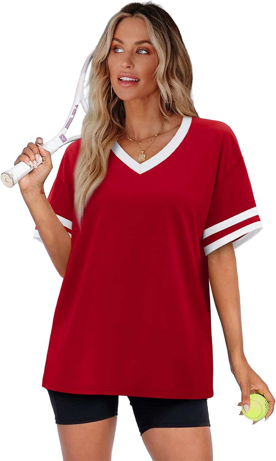 Womens T Shirts Loose Fit Short Sleeve Tees V Neck Color Block Summer Tops 2026 Fashion S-4XL
