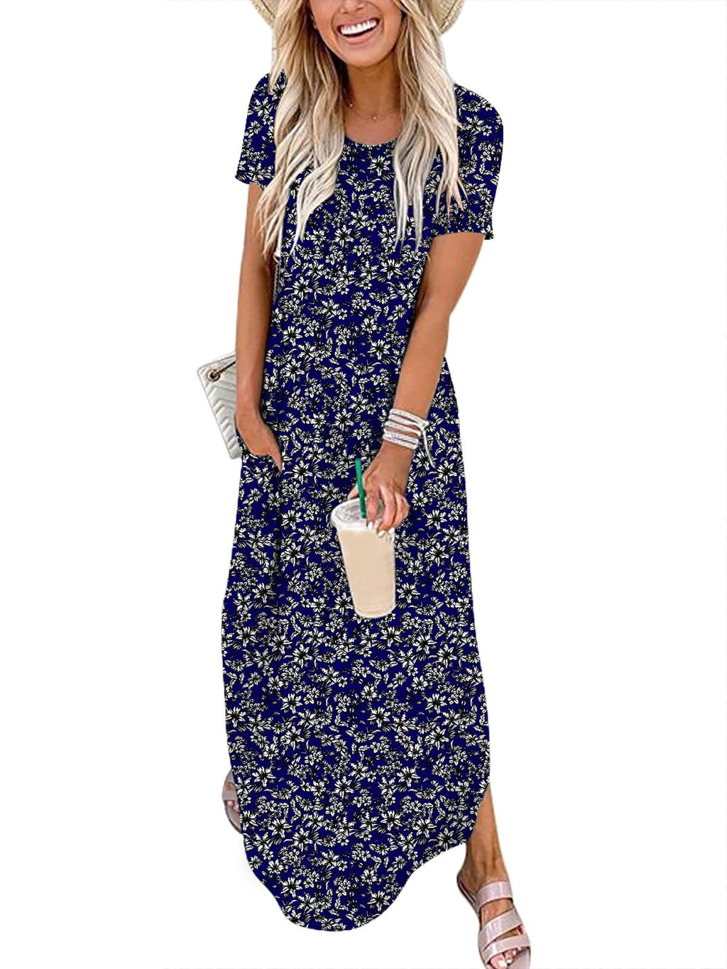 Womens Summer Maxi Dress Short Sleeve Casual Loose Long T Shirt Dresses Split Vacation Beach Sundress Travel Outfits