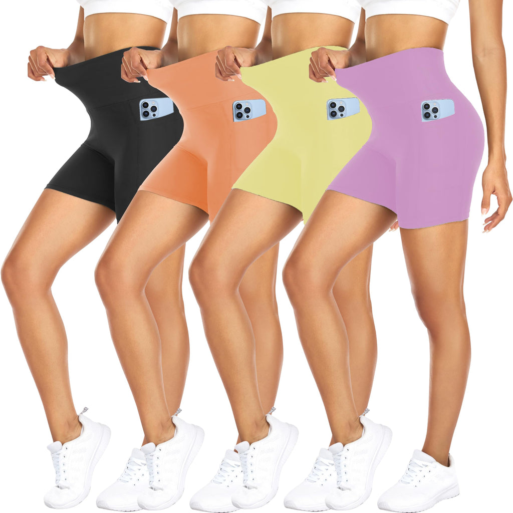 4 Pack Biker Shorts for Women with Pockets – 5" High Waisted Tummy Control Workout Yoga Running Gym Tennis Shorts