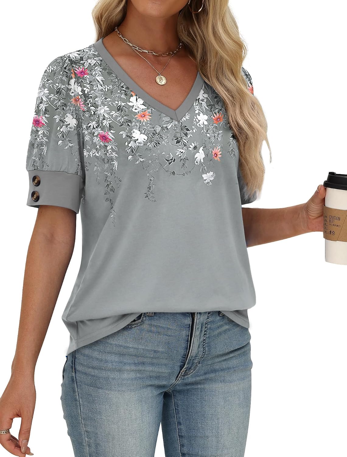 Womens Tops Short Sleeve Shirts Buttons V Neck Spring Fashion Summer Outfits Plus Size Blouses Dressy Casual