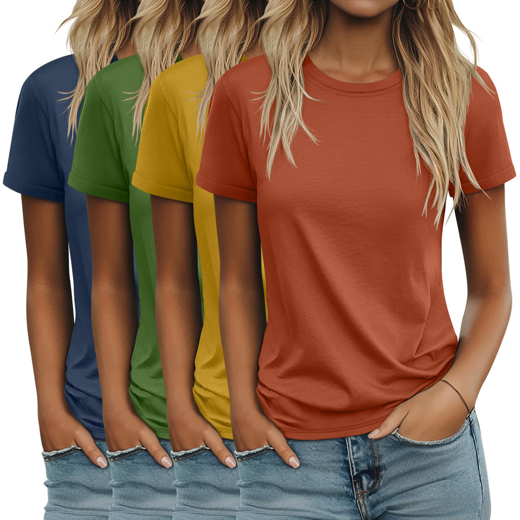 4 Pack Women's Cotton T Shirts | Casual, Short Sleeve, Tunic Tops, Crewneck, Plain, Loose Fit, Rolled Sleeve, Basic Tee, Summer