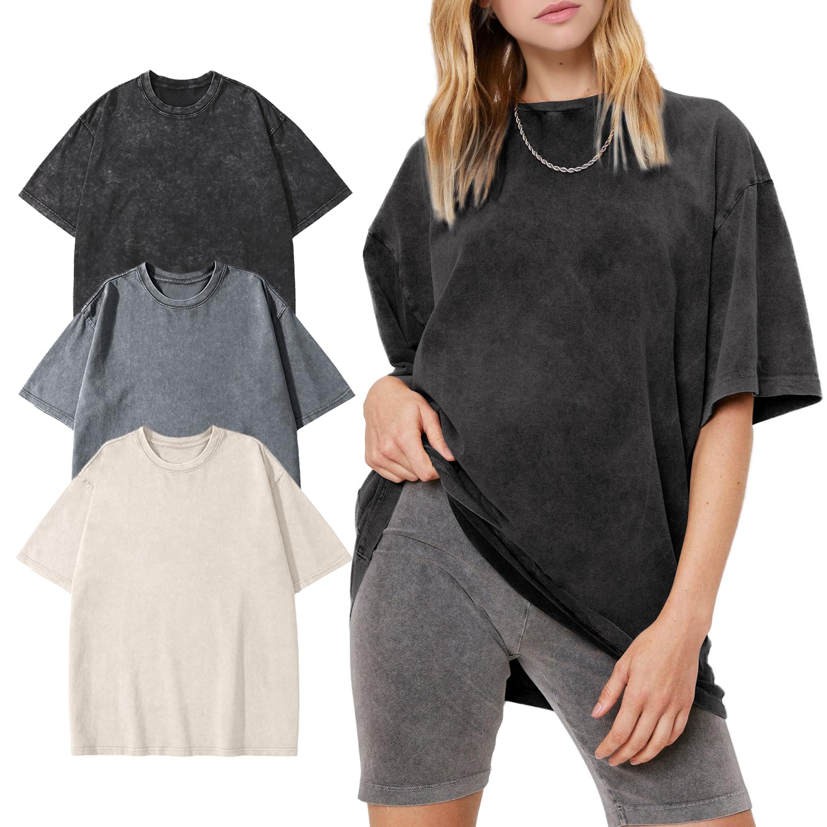 Women's Vintage Oversized T Shirts Washed Cotton Short Sleeve Tops | Soft Cotton Acid Wash Tees, Loose Baggy Boyfriend Fit, Gym, Workout, Streetwear, Casual Daily Outfits
