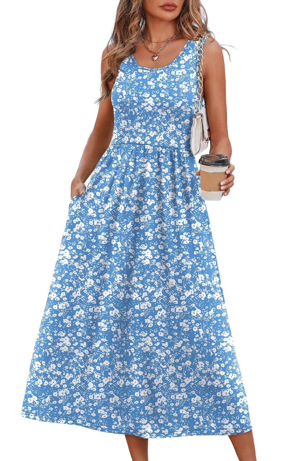 Summer Dresses for Women Flowy Casual Midi Dress Beach Vacation Sundresses with Pockets