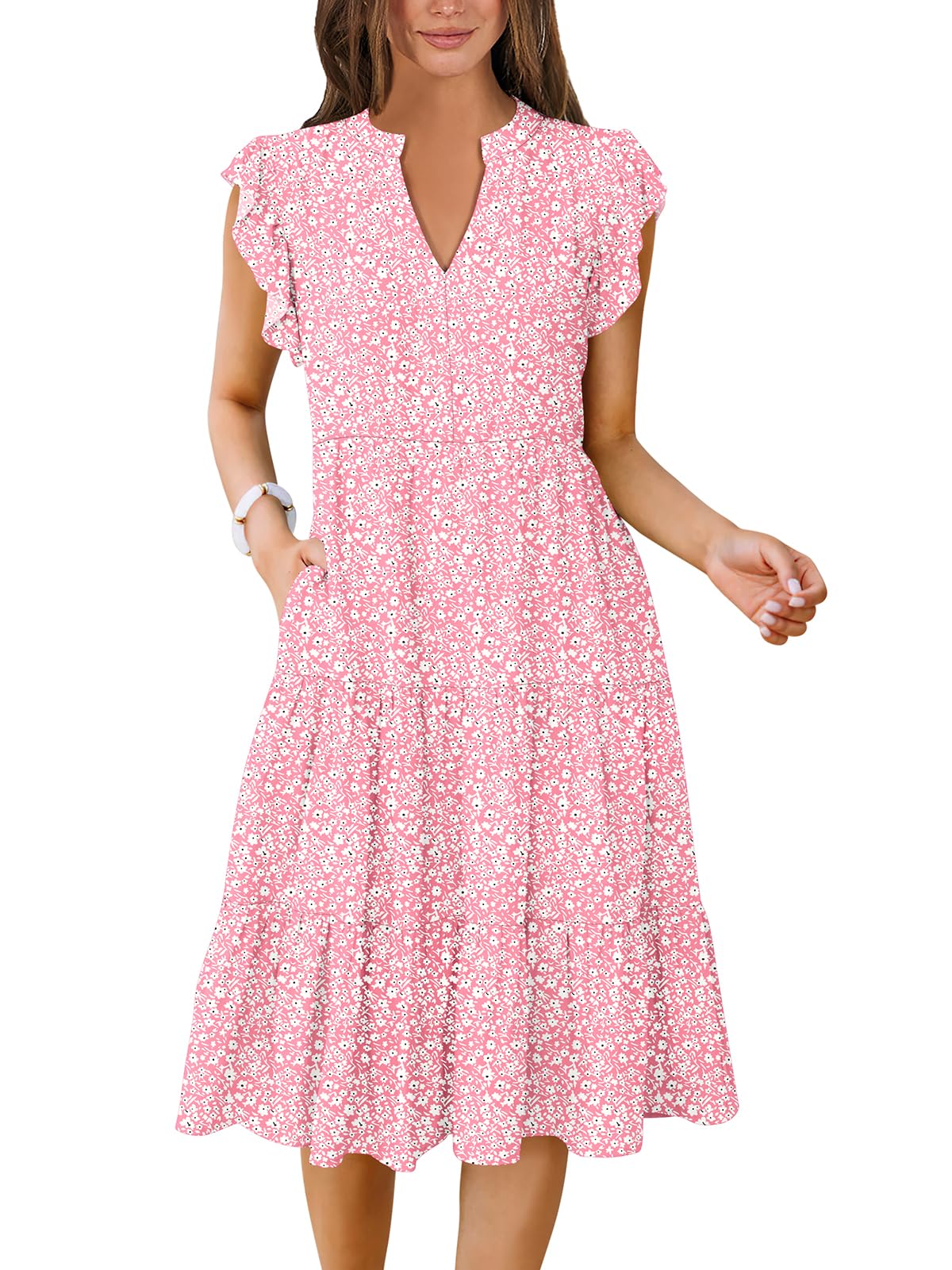 Womens Summer Dress Ruffle Sleeve V Neck Midi Dresses Fashion Casual Fit Flowy Tiered Boho Beach Vacation Sundress