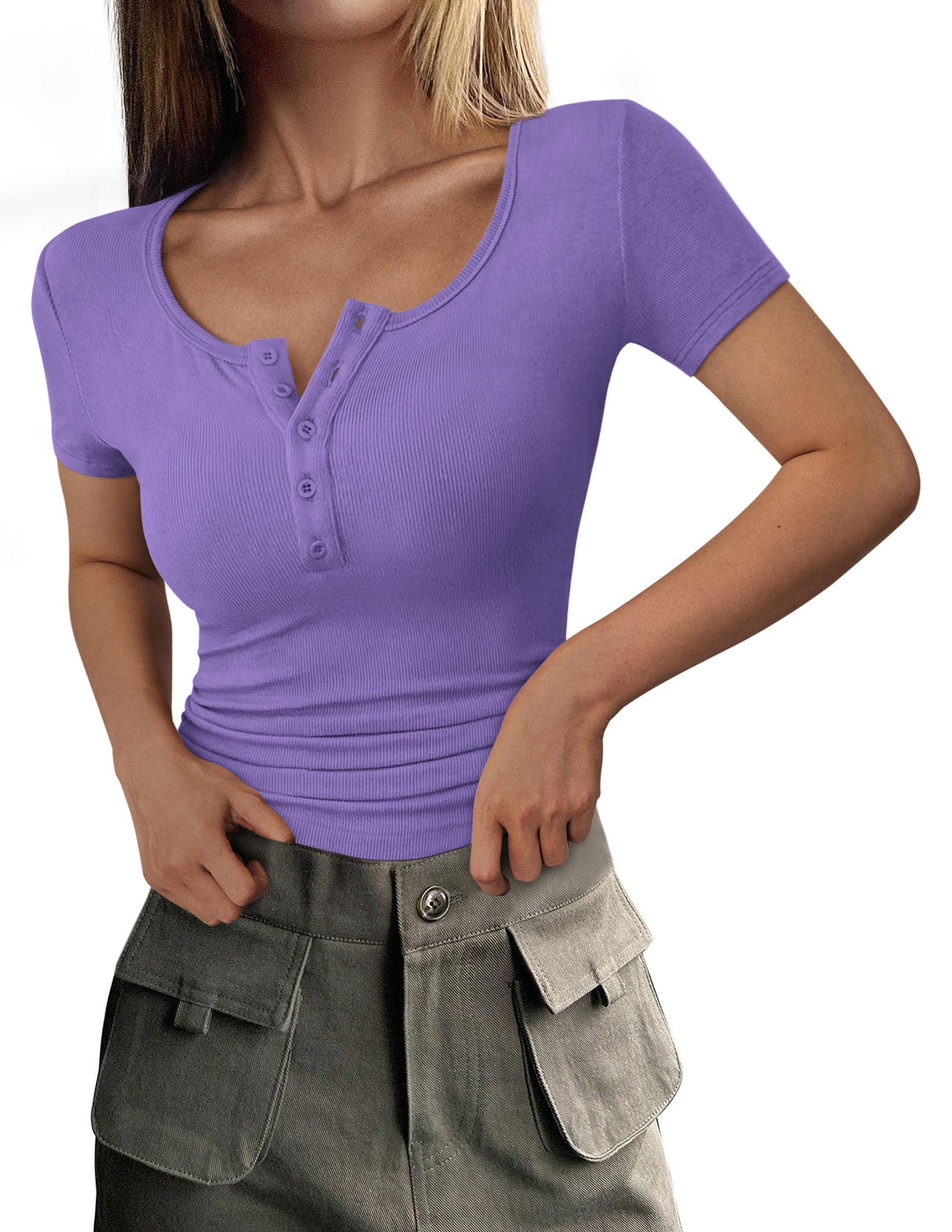 Women's Summer Tops Henley Tee Shirts | Soft Ribbed Fabric, Button Up, Short Sleeve, Slim Fitted, Basic Tshirts, Casual Trendy, Going Out Outfits, Fashion Clothing