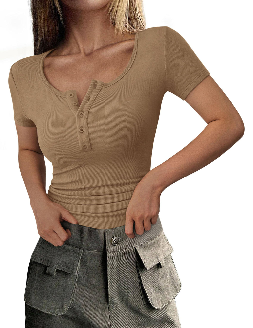 Women's Summer Tops Henley Tee Shirts | Soft Ribbed Fabric, Button Up, Short Sleeve, Slim Fitted, Basic Tshirts, Casual Trendy, Going Out Outfits, Fashion Clothing