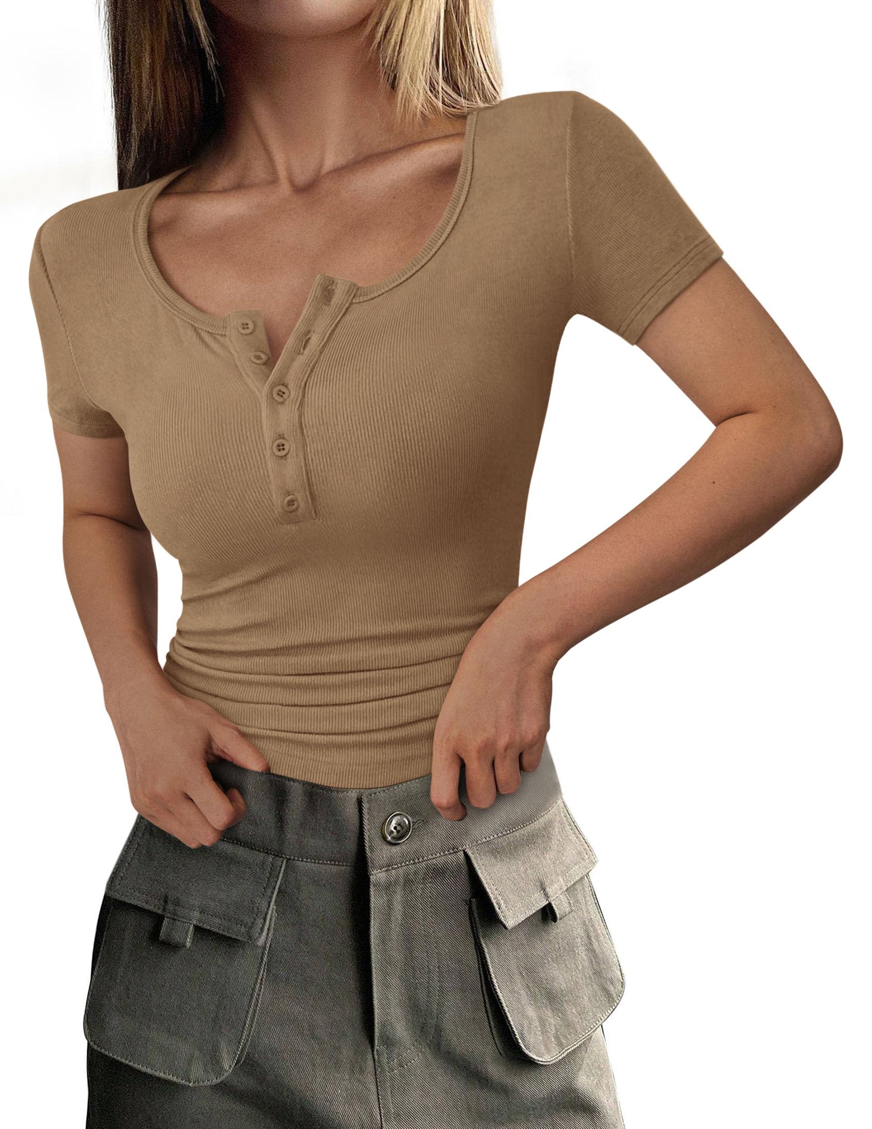 Women's Summer Tops Henley Tee Shirts | Soft Ribbed Fabric, Button Up, Short Sleeve, Slim Fitted, Basic Tshirts, Casual Trendy, Going Out Outfits, Fashion Clothing