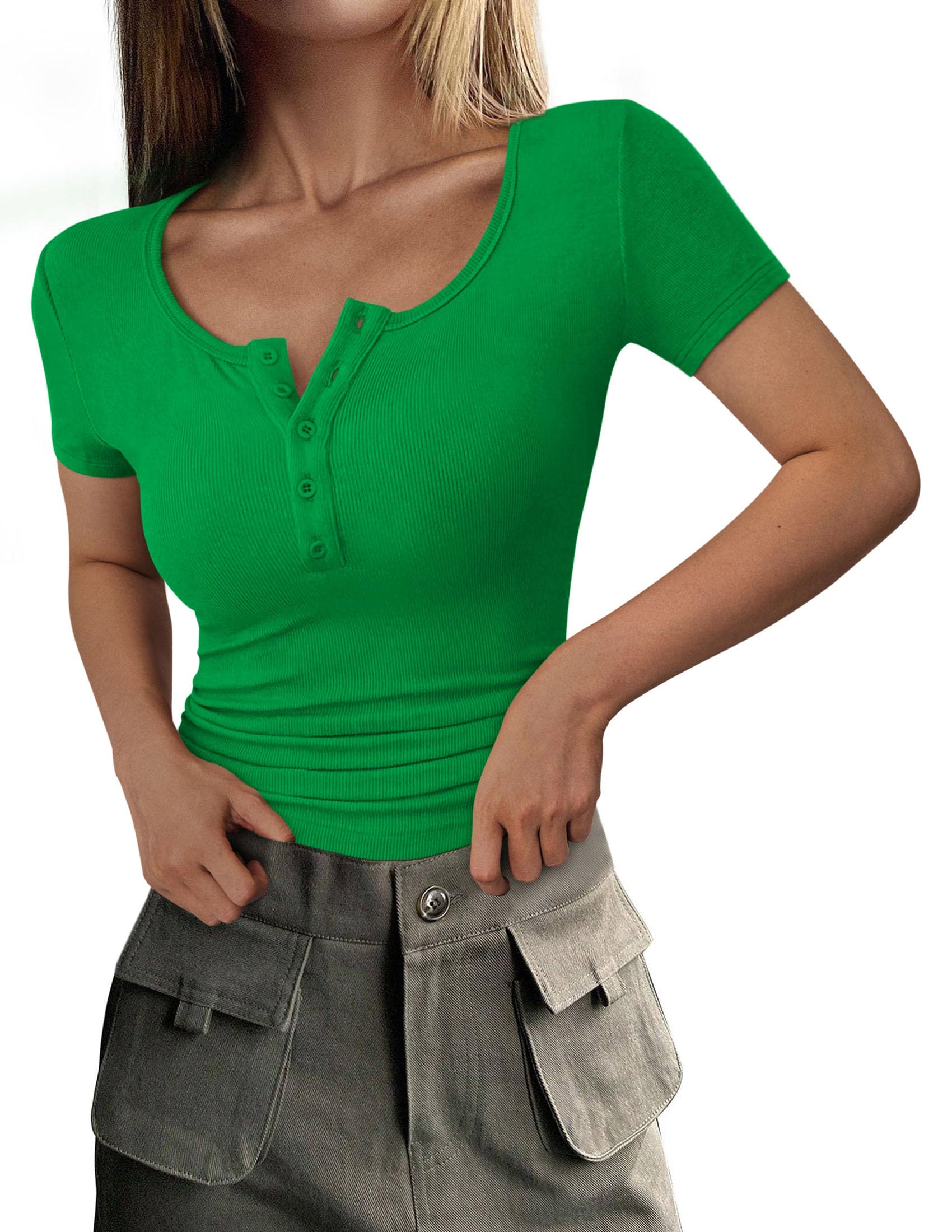 Women's Summer Tops Henley Tee Shirts | Soft Ribbed Fabric, Button Up, Short Sleeve, Slim Fitted, Basic Tshirts, Casual Trendy, Going Out Outfits, Fashion Clothing