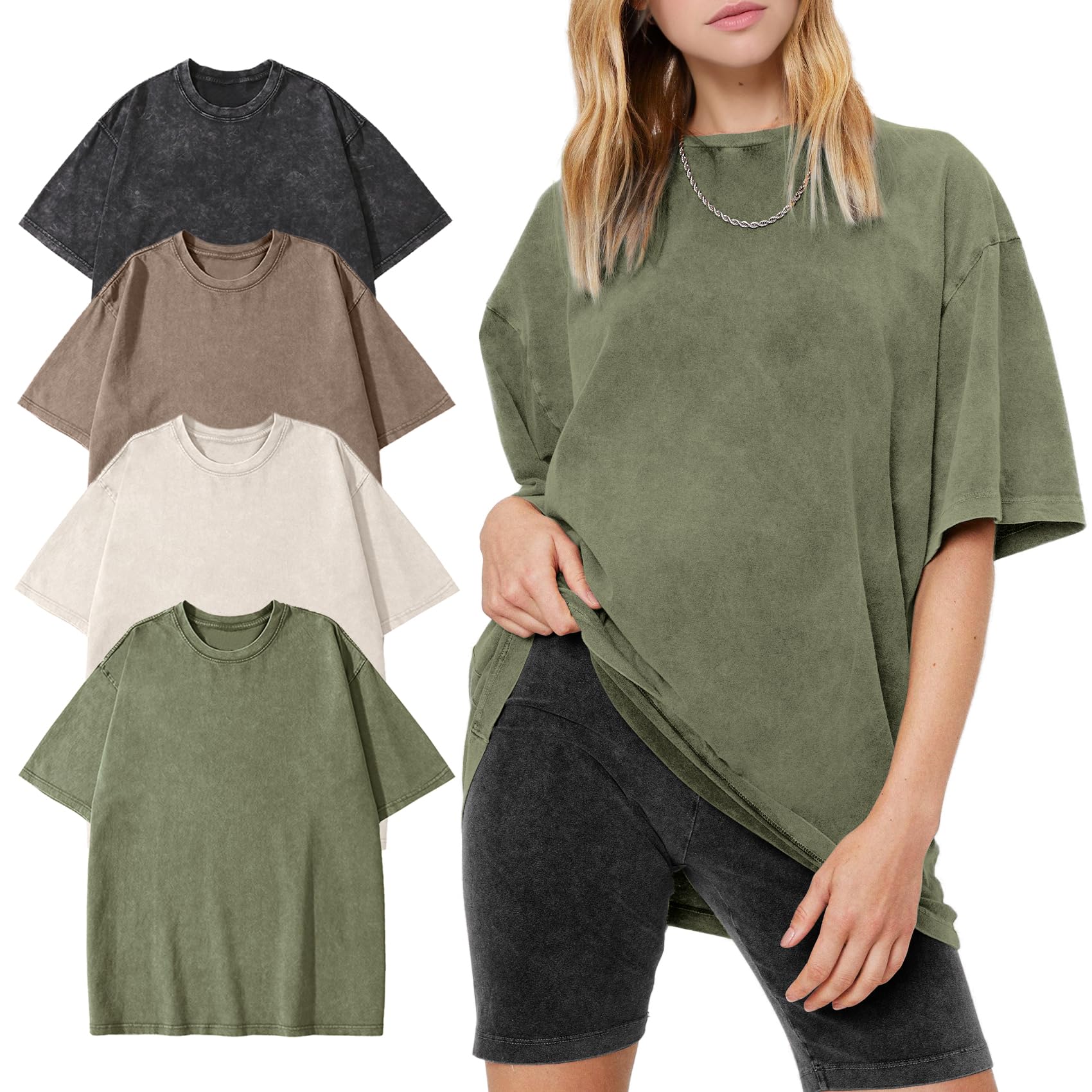 Women's Vintage Oversized T Shirts Washed Cotton Short Sleeve Tops | Soft Cotton Acid Wash Tees, Loose Baggy Boyfriend Fit, Gym, Workout, Streetwear, Casual Daily Outfits