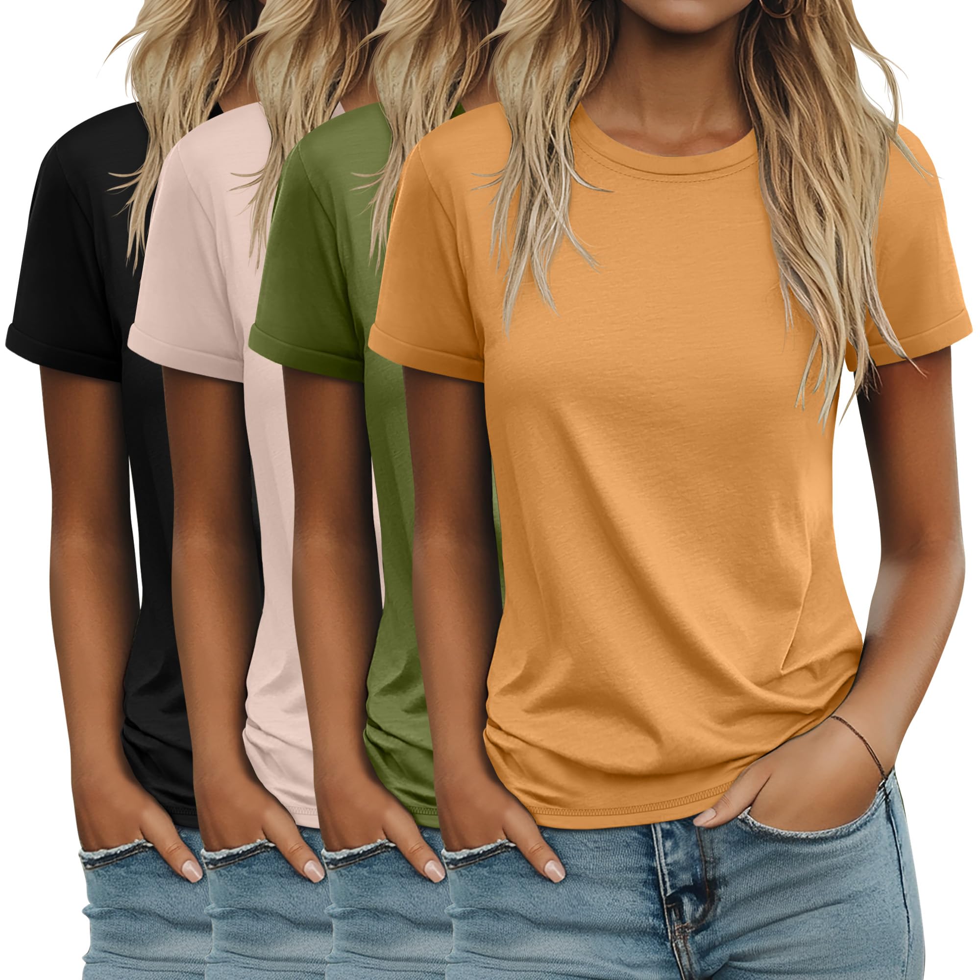 4 Pack Women's Cotton T Shirts | Casual, Short Sleeve, Tunic Tops, Crewneck, Plain, Loose Fit, Rolled Sleeve, Basic Tee, Summer