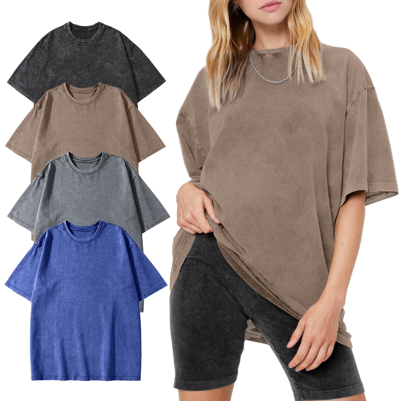 Women's Vintage Oversized T Shirts Washed Cotton Short Sleeve Tops | Soft Cotton Acid Wash Tees, Loose Baggy Boyfriend Fit, Gym, Workout, Streetwear, Casual Daily Outfits