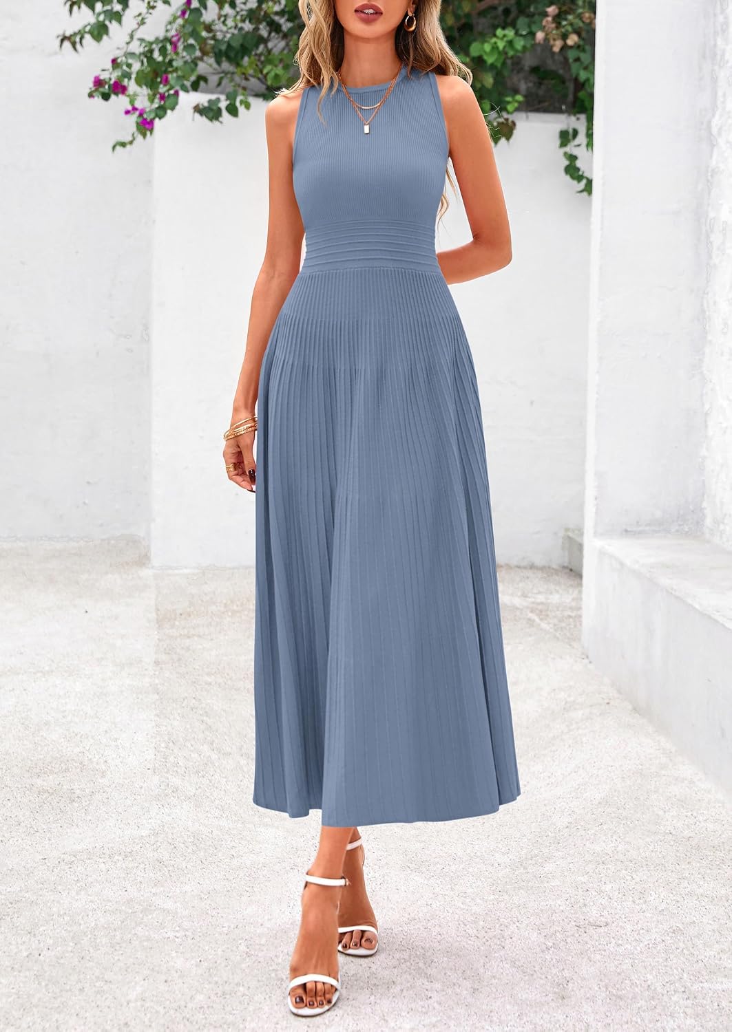 Women's Summer Pleated Midi Work Dress | Sleeveless A Line Knit Business Dresses, Spring Semi Formal Long Dress for Wedding Guest, Cocktail Party, Teacher Outfits